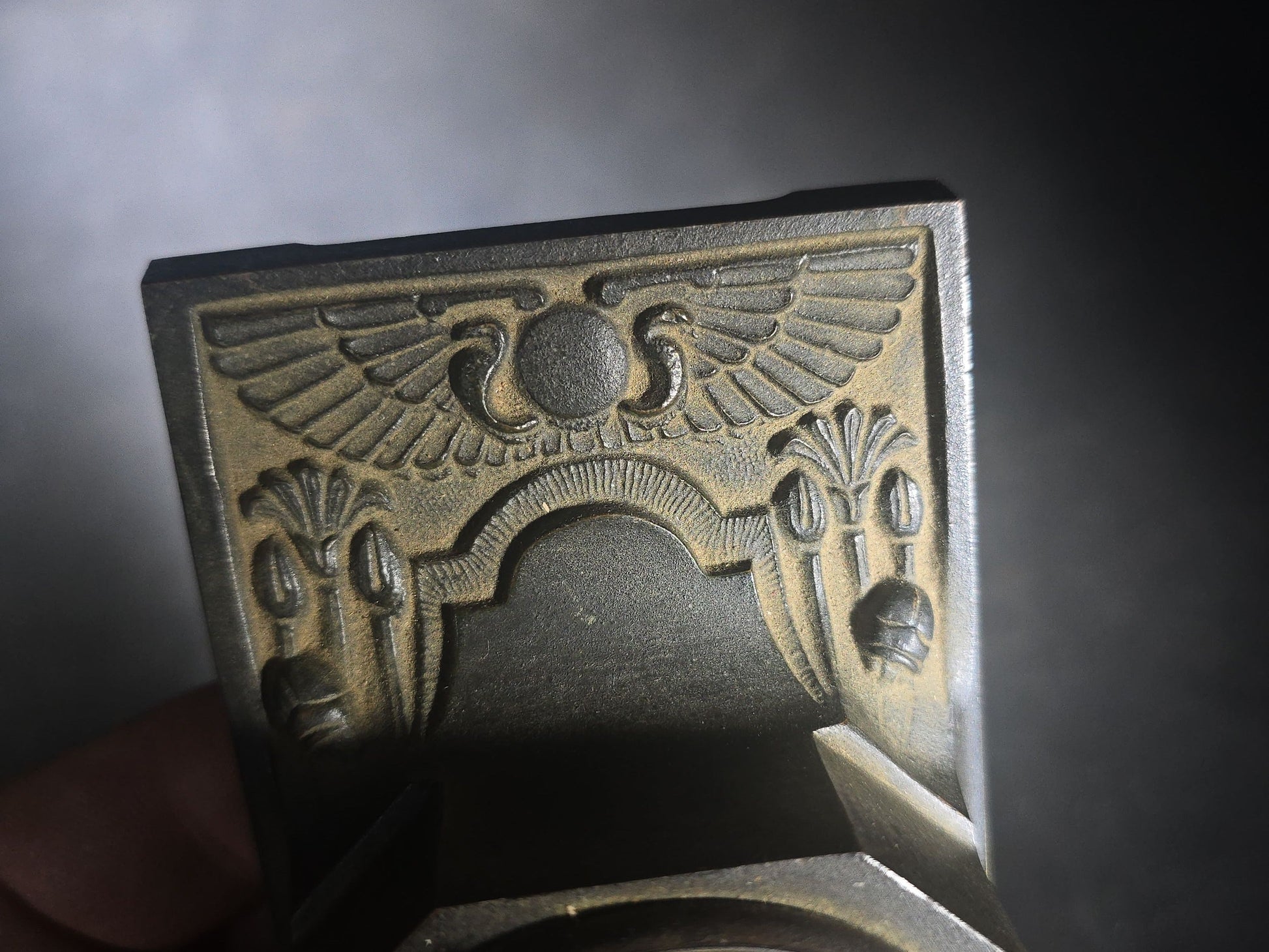 Antique Thermo Vane Dome Desk Thermometer with Egyptian Revival Winged Sun Disc and Lotus Motif Base, Manufactured by Schaeffer & Budenberg, Brooklyn, New York