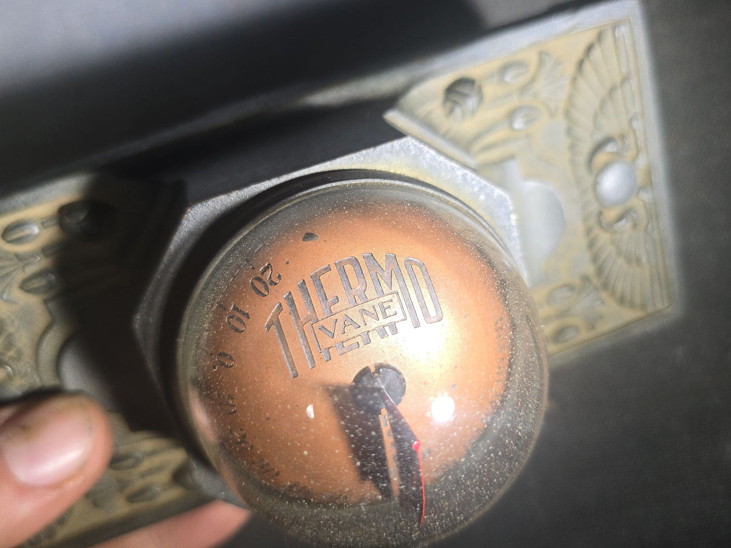 Antique Thermo Vane Dome Desk Thermometer with Egyptian Revival Winged Sun Disc and Lotus Motif Base, Manufactured by Schaeffer & Budenberg, Brooklyn, New York