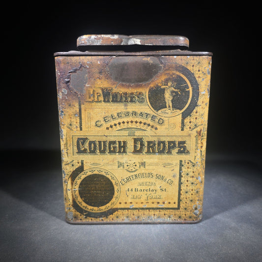 Antique Dr. White's Celebrated Cough Drops Tin Lithograph Advertising Store Bin, E. Greenfield's Son & Co. Agents, 44 Barclay Street, New York