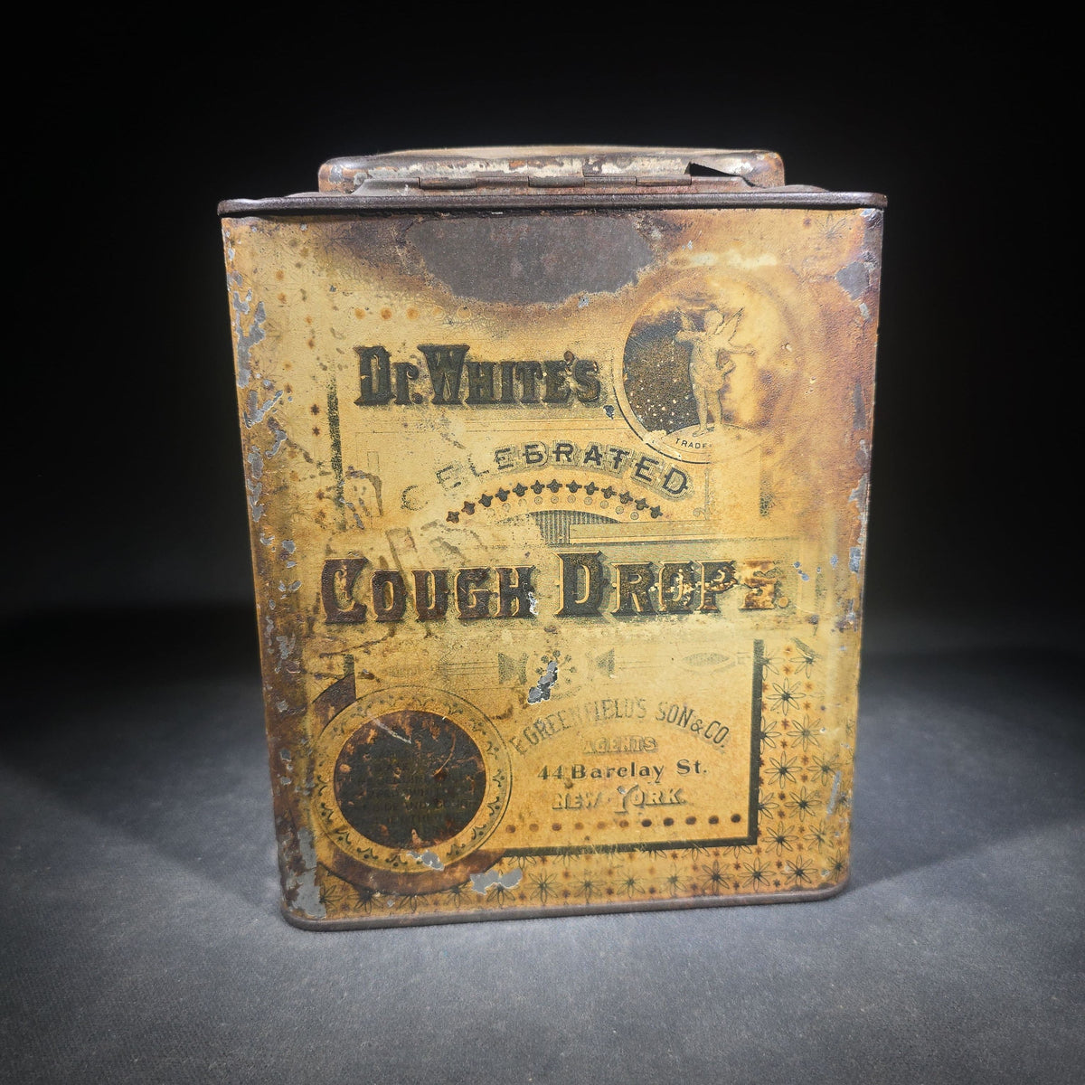Antique Dr. White's Celebrated Cough Drops Tin Lithograph Advertising Store Bin, E. Greenfield's Son & Co. Agents, 44 Barclay Street, New York