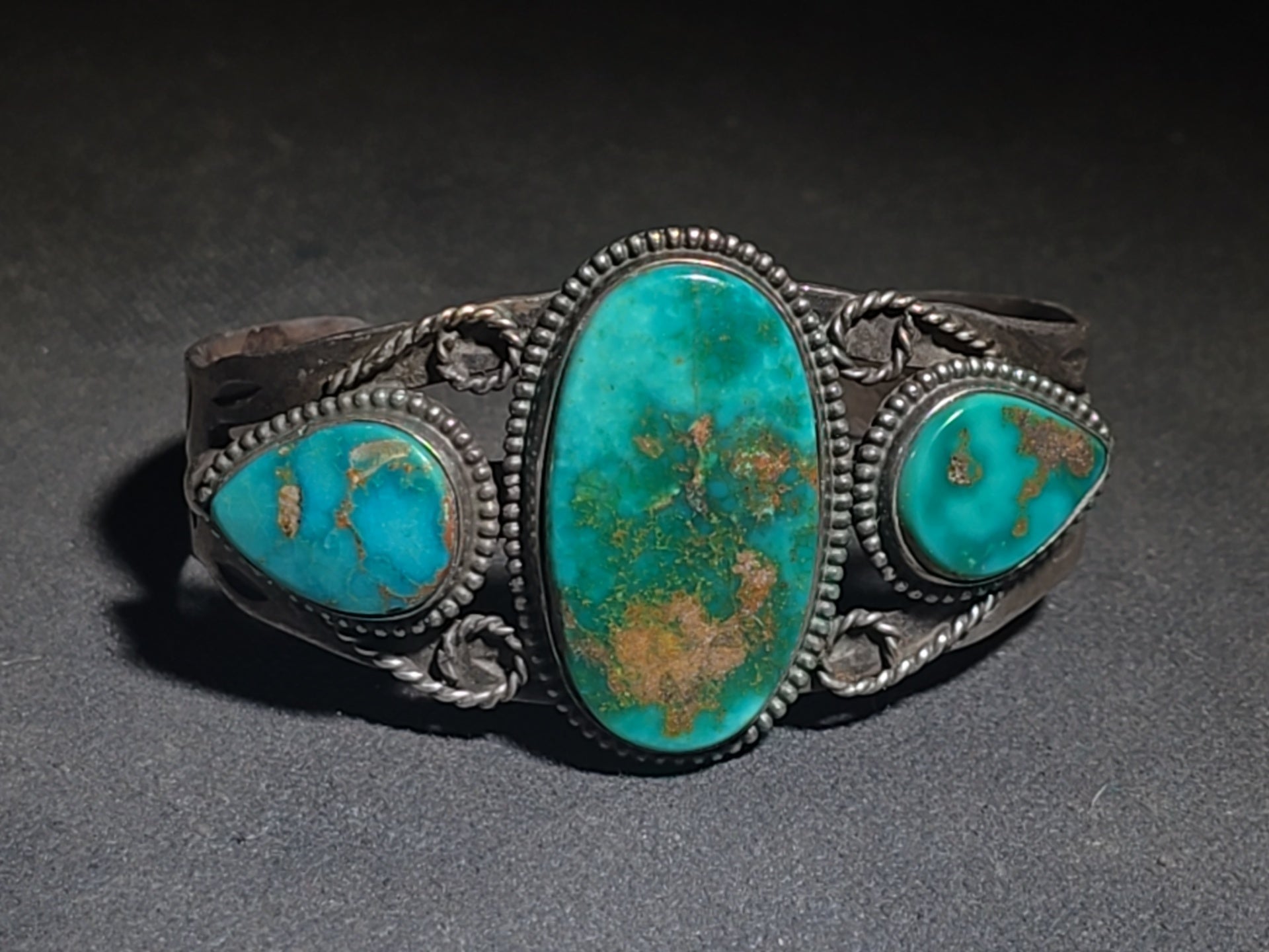 Vintage Old Pawn Native American Sterling Silver and Turquoise Three-Stone Cuff Bracelet with Stampwork and Twisted Wire Accents