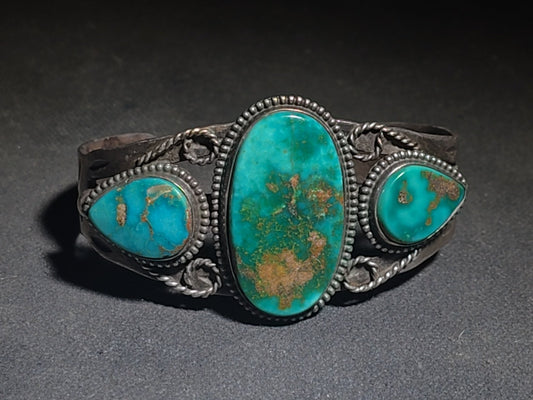 Vintage Old Pawn Native American Sterling Silver and Turquoise Three-Stone Cuff Bracelet with Stampwork and Twisted Wire Accents