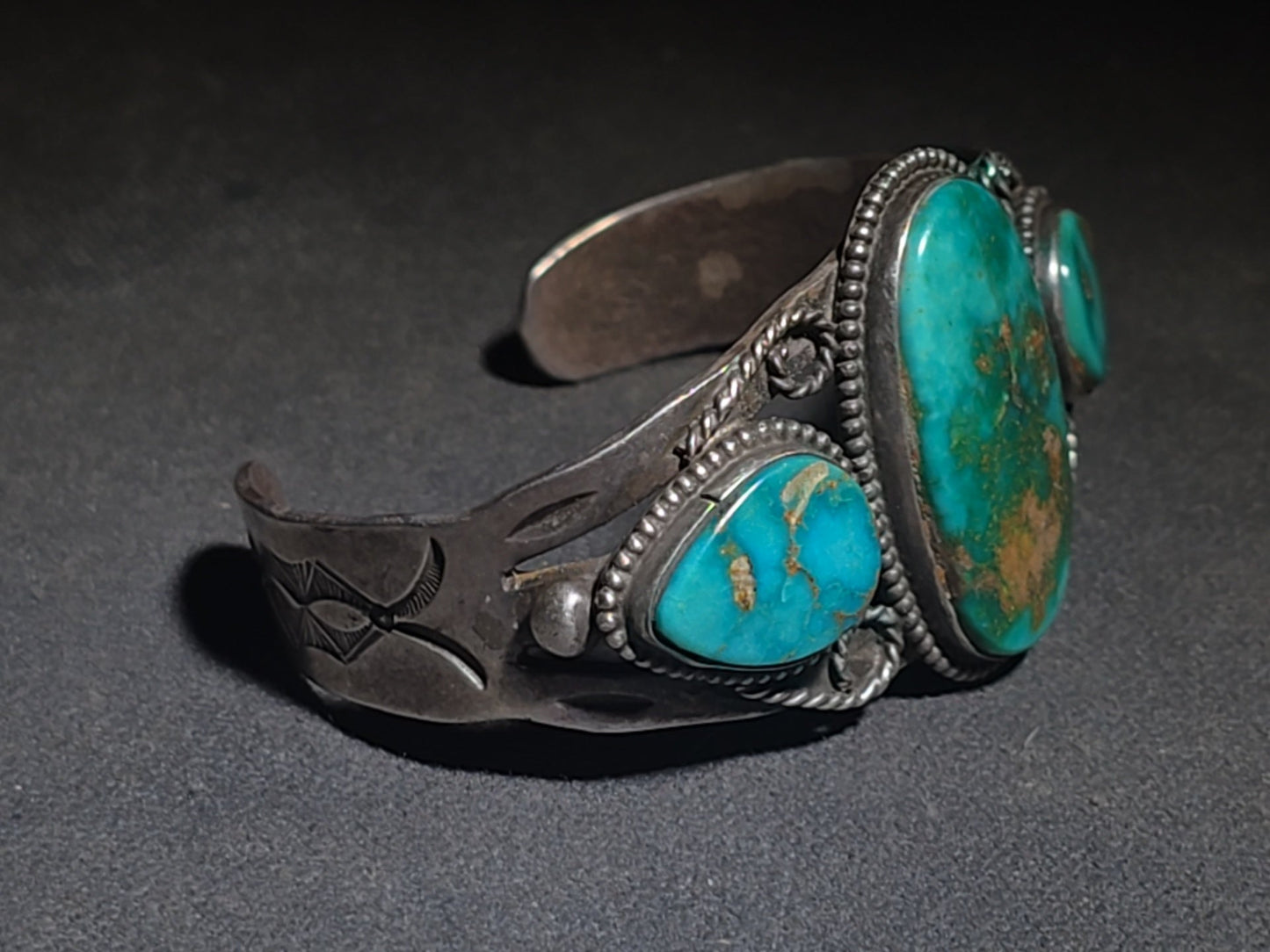 Vintage Old Pawn Native American Sterling Silver and Turquoise Three-Stone Cuff Bracelet with Stampwork and Twisted Wire Accents