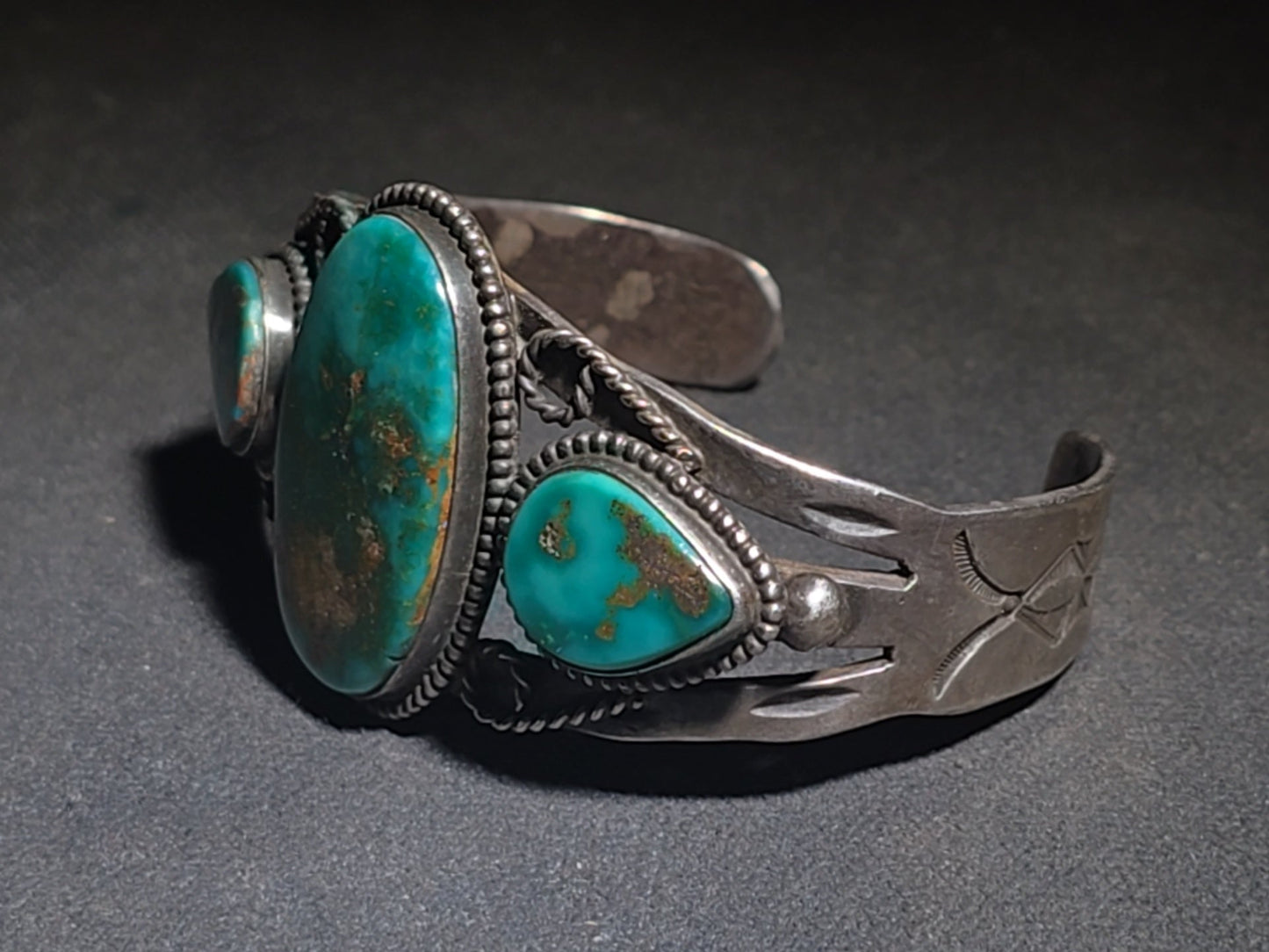 Vintage Old Pawn Native American Sterling Silver and Turquoise Three-Stone Cuff Bracelet with Stampwork and Twisted Wire Accents