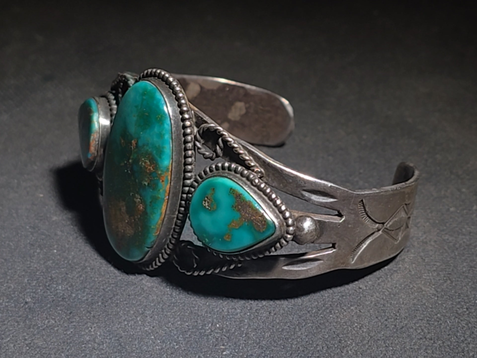 Vintage Old Pawn Native American Sterling Silver and Turquoise Three-Stone Cuff Bracelet with Stampwork and Twisted Wire Accents