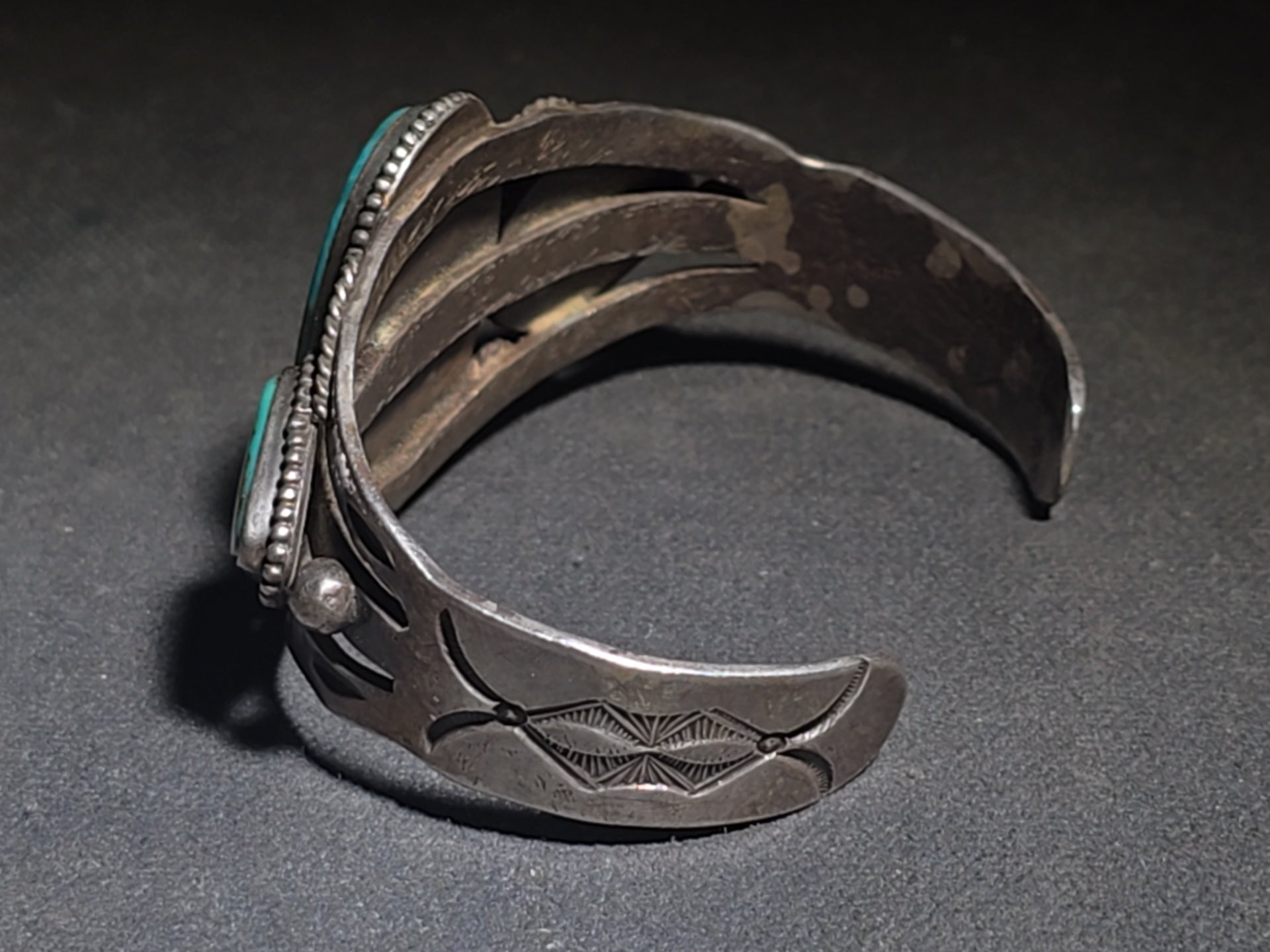 Vintage Old Pawn Native American Sterling Silver and Turquoise Three-Stone Cuff Bracelet with Stampwork and Twisted Wire Accents