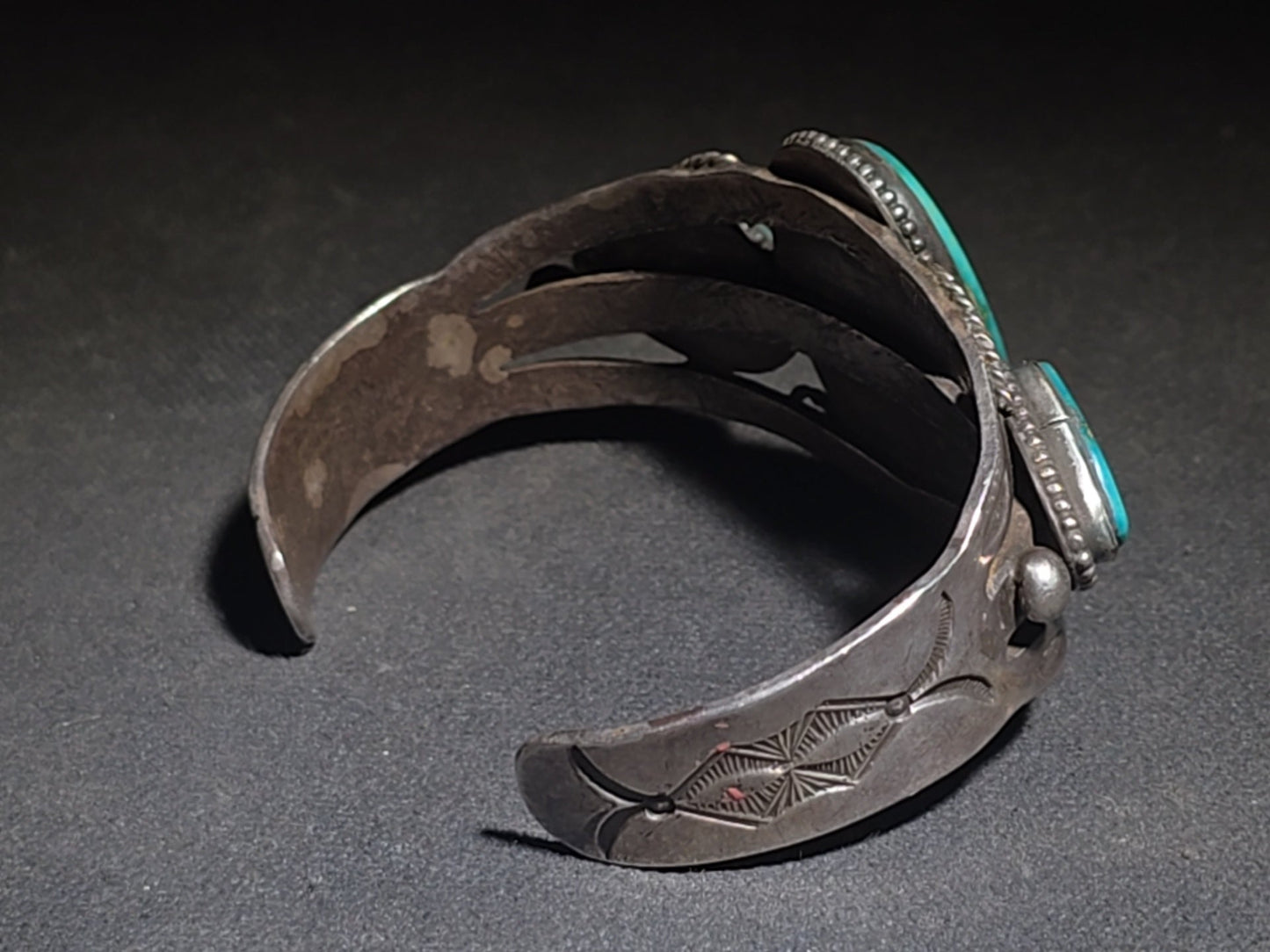 Vintage Old Pawn Native American Sterling Silver and Turquoise Three-Stone Cuff Bracelet with Stampwork and Twisted Wire Accents