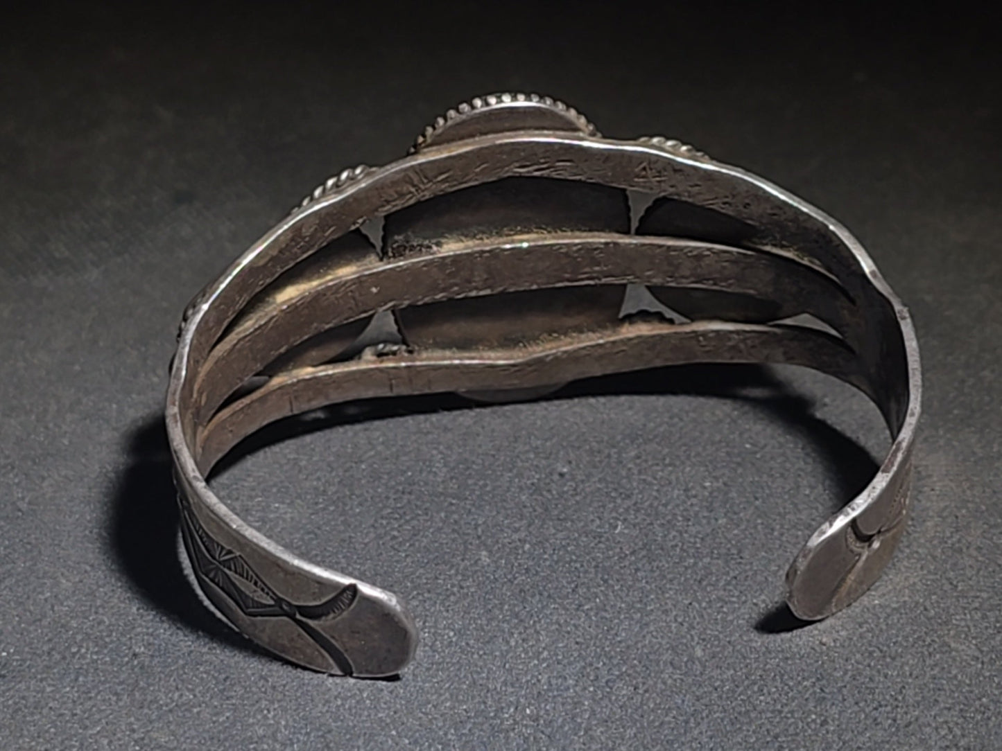 Vintage Old Pawn Native American Sterling Silver and Turquoise Three-Stone Cuff Bracelet with Stampwork and Twisted Wire Accents