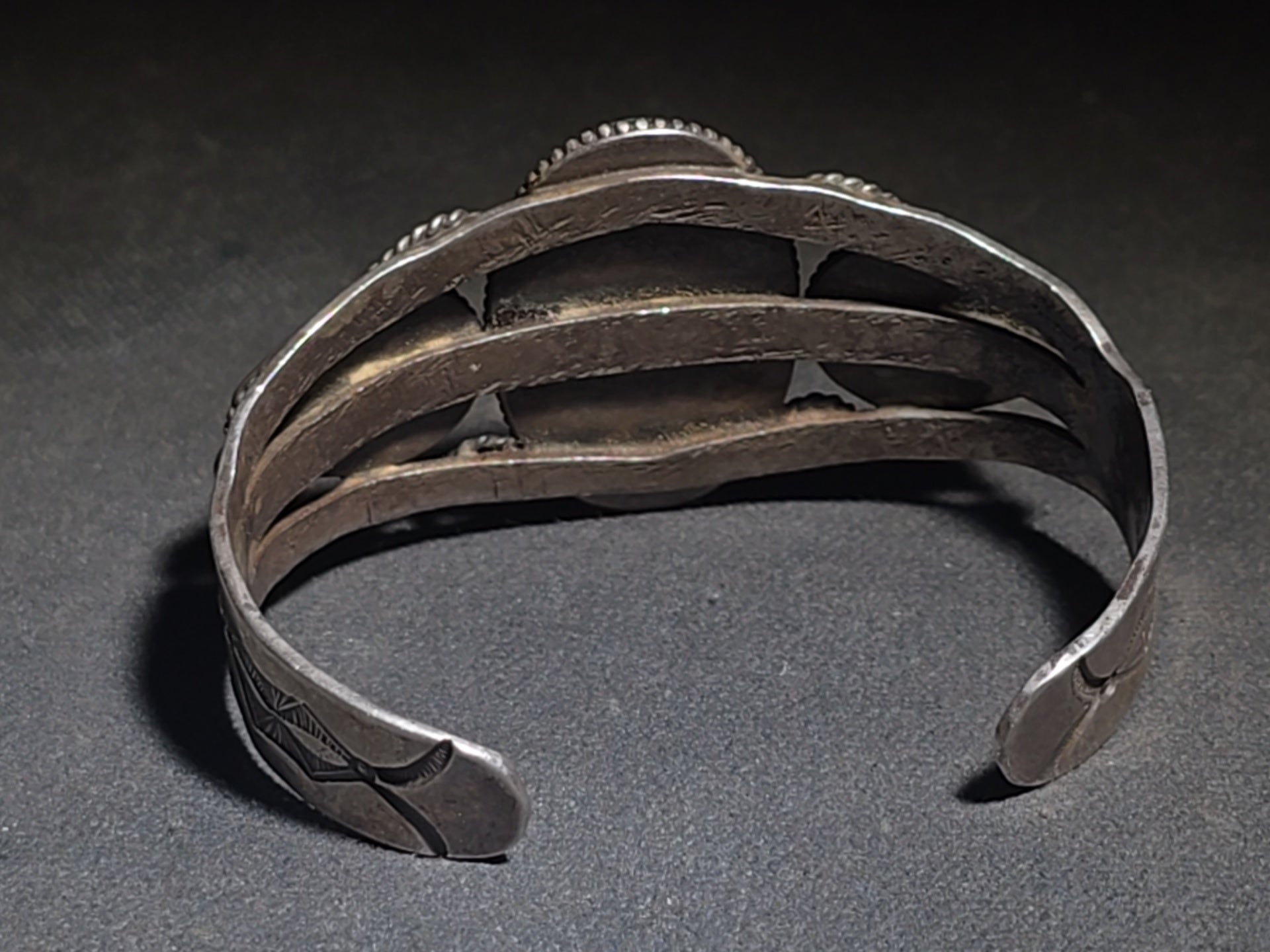 Vintage Old Pawn Native American Sterling Silver and Turquoise Three-Stone Cuff Bracelet with Stampwork and Twisted Wire Accents