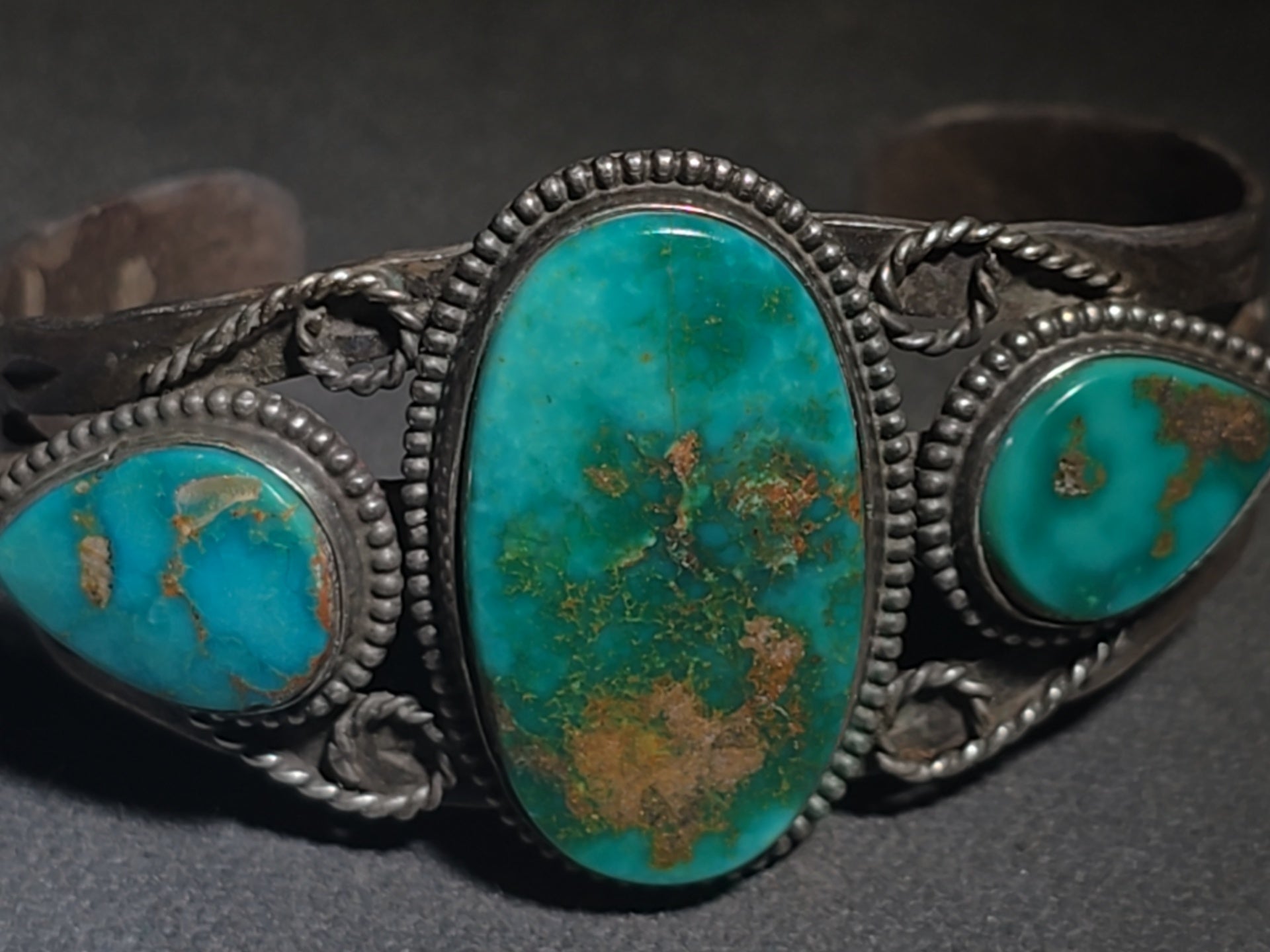 Vintage Old Pawn Native American Sterling Silver and Turquoise Three-Stone Cuff Bracelet with Stampwork and Twisted Wire Accents