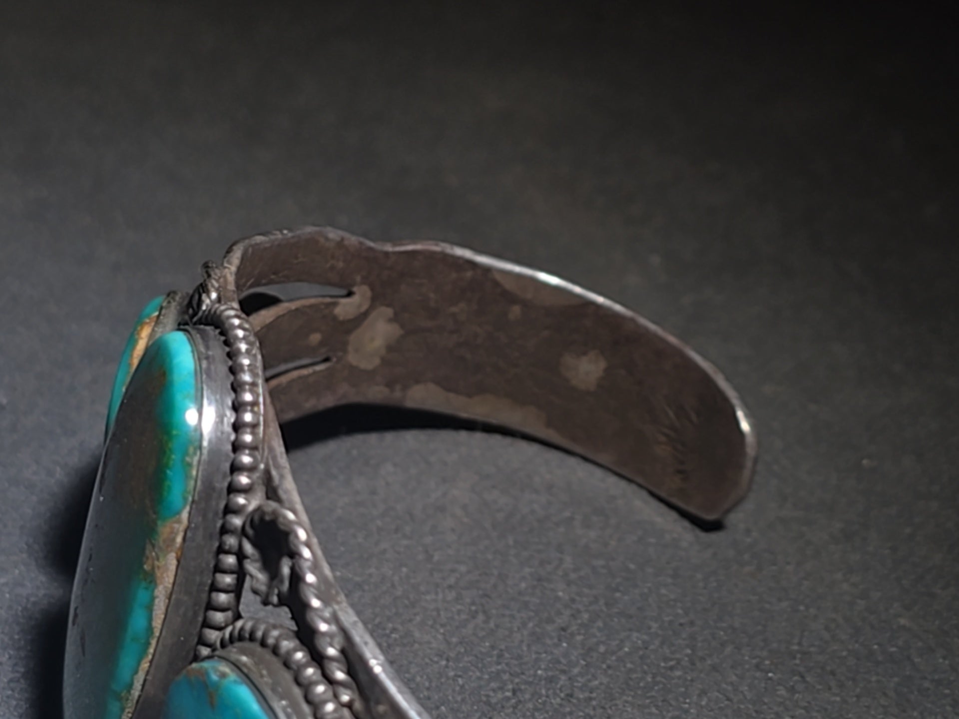 Vintage Old Pawn Native American Sterling Silver and Turquoise Three-Stone Cuff Bracelet with Stampwork and Twisted Wire Accents