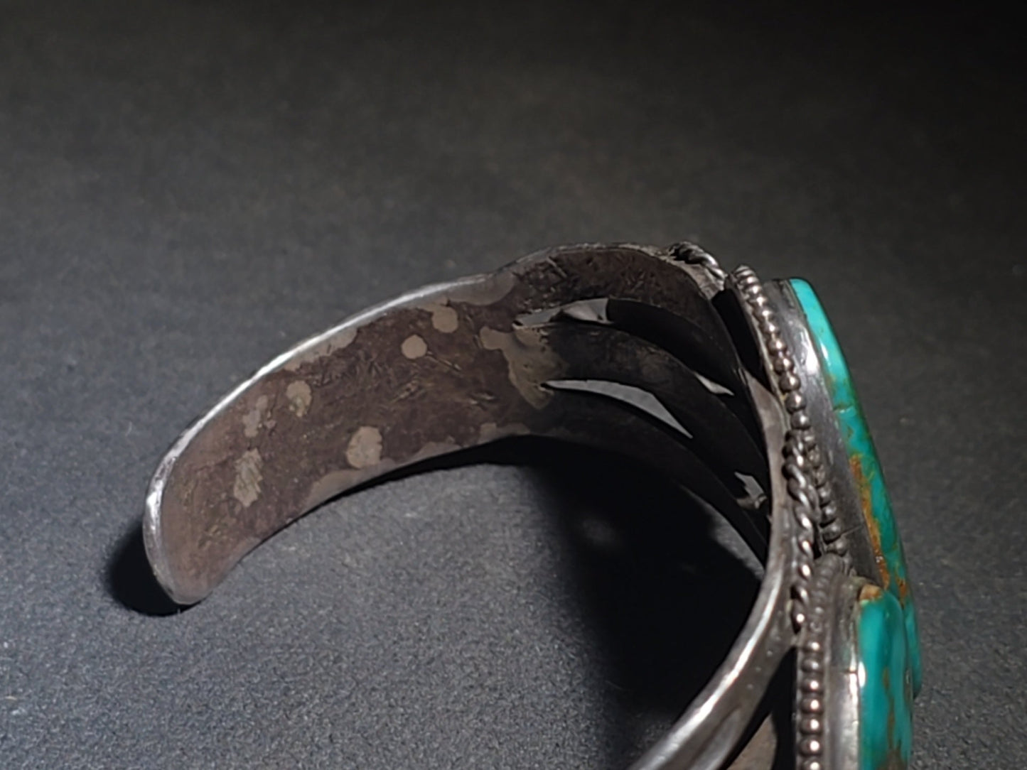 Vintage Old Pawn Native American Sterling Silver and Turquoise Three-Stone Cuff Bracelet with Stampwork and Twisted Wire Accents