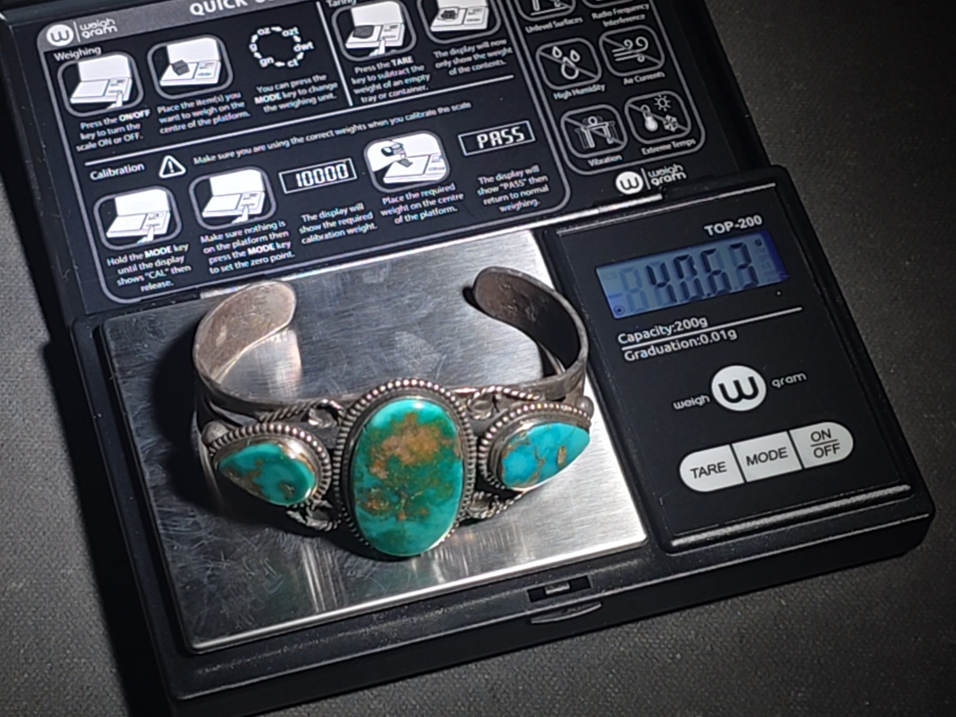 Vintage Old Pawn Native American Sterling Silver and Turquoise Three-Stone Cuff Bracelet with Stampwork and Twisted Wire Accents