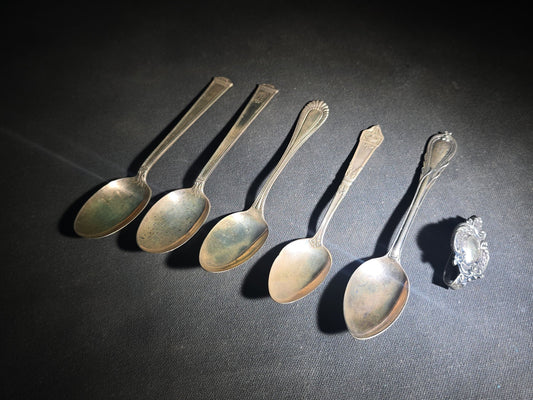 Grouping of Including Four Sterling Silver Spoons (92 g Total Weight), an 800 Silver Spoon (28 g), and German Silver Chatelaine Accessory