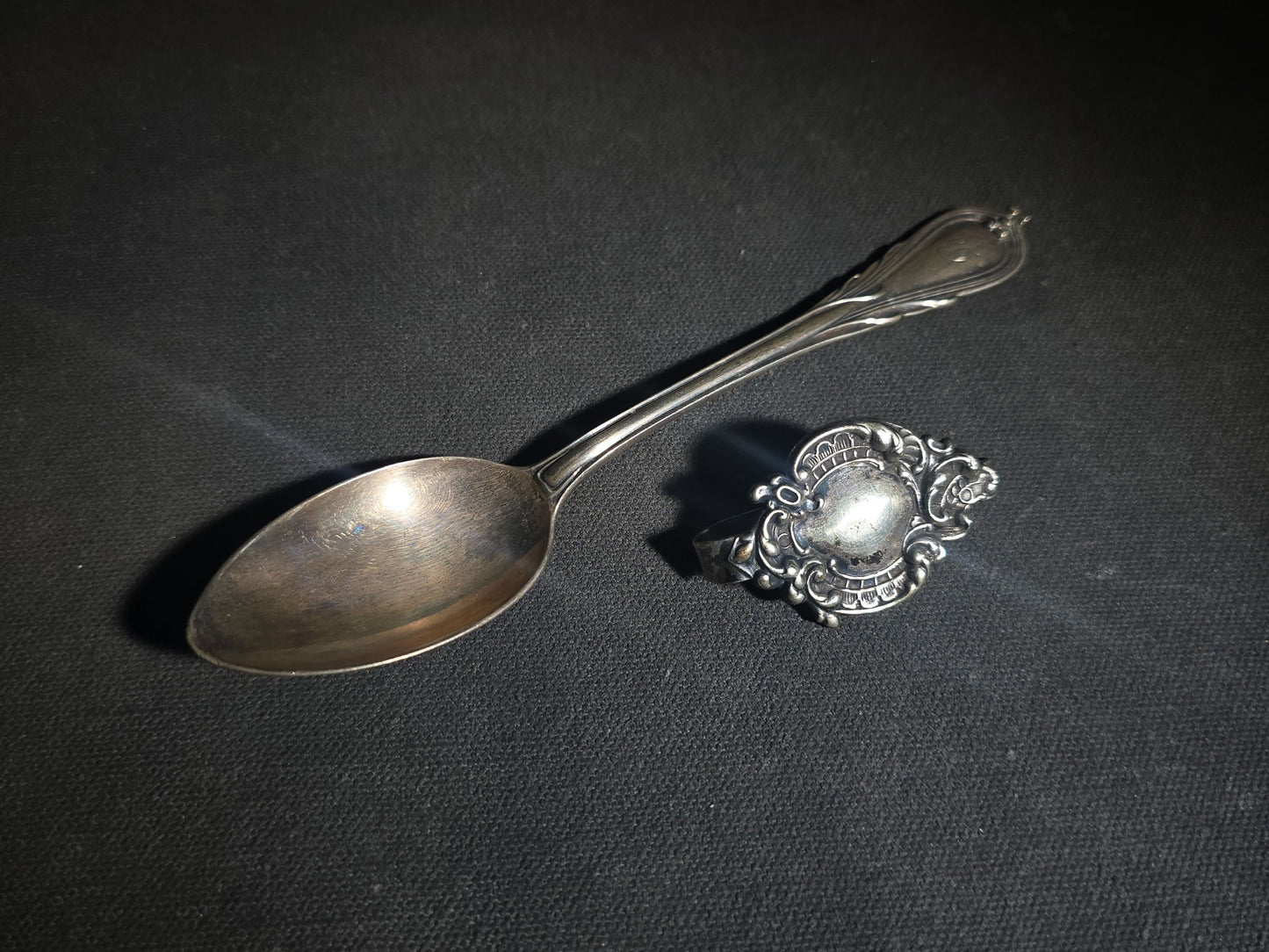 Grouping of Including Four Sterling Silver Spoons (92 g Total Weight), an 800 Silver Spoon (28 g), and German Silver Chatelaine Accessory