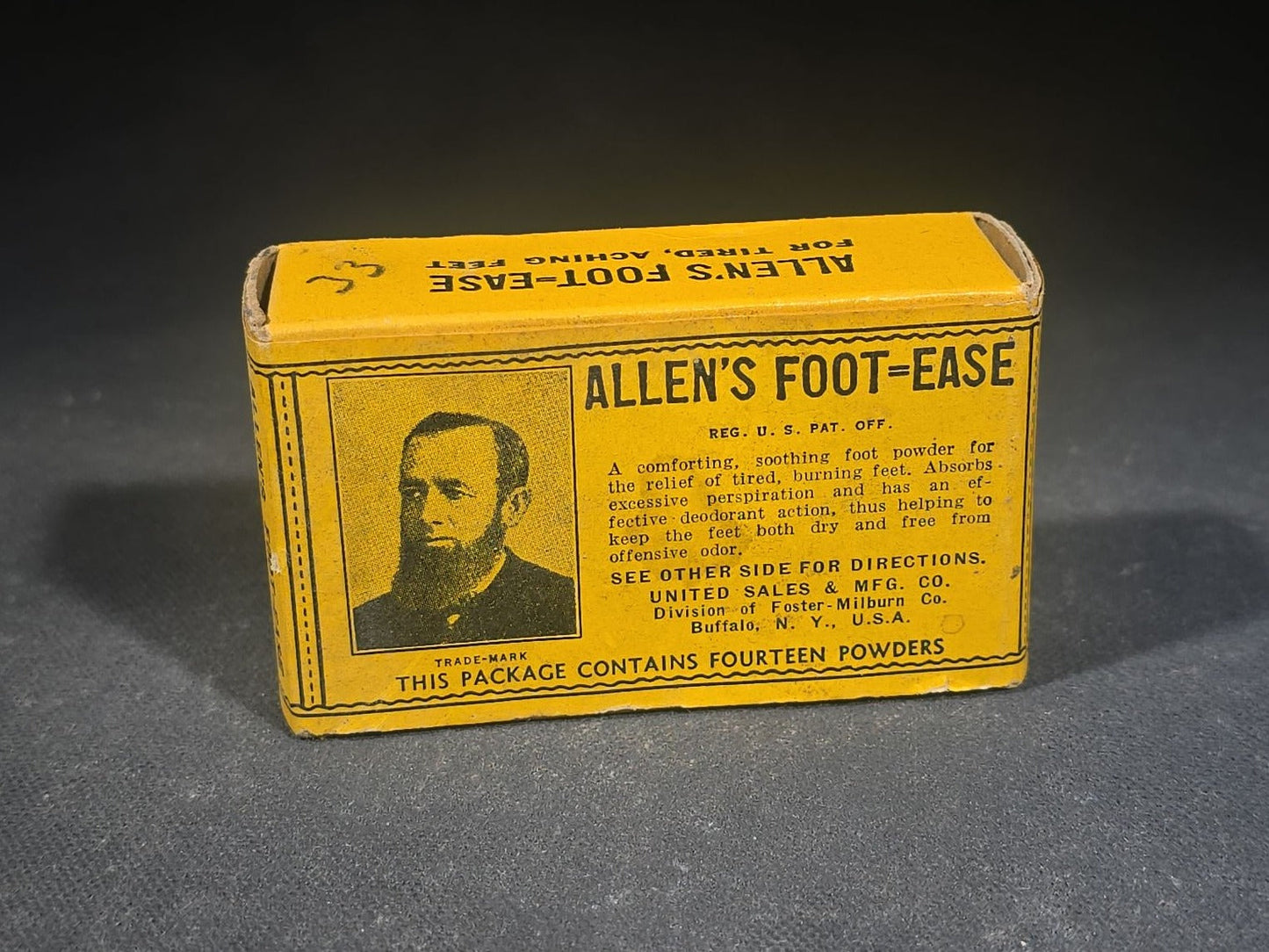 Antique Allen's Foot-Ease Foot Powder Advertising Box with Portrait of Allen Olmsted, N.O.S. with Contents, United Sales & Mfg. Co., Division of Foster-Milburn Co., Buffalo, New York