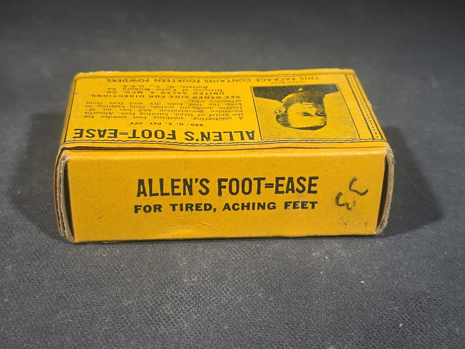 Antique Allen's Foot-Ease Foot Powder Advertising Box with Portrait of Allen Olmsted, N.O.S. with Contents, United Sales & Mfg. Co., Division of Foster-Milburn Co., Buffalo, New York