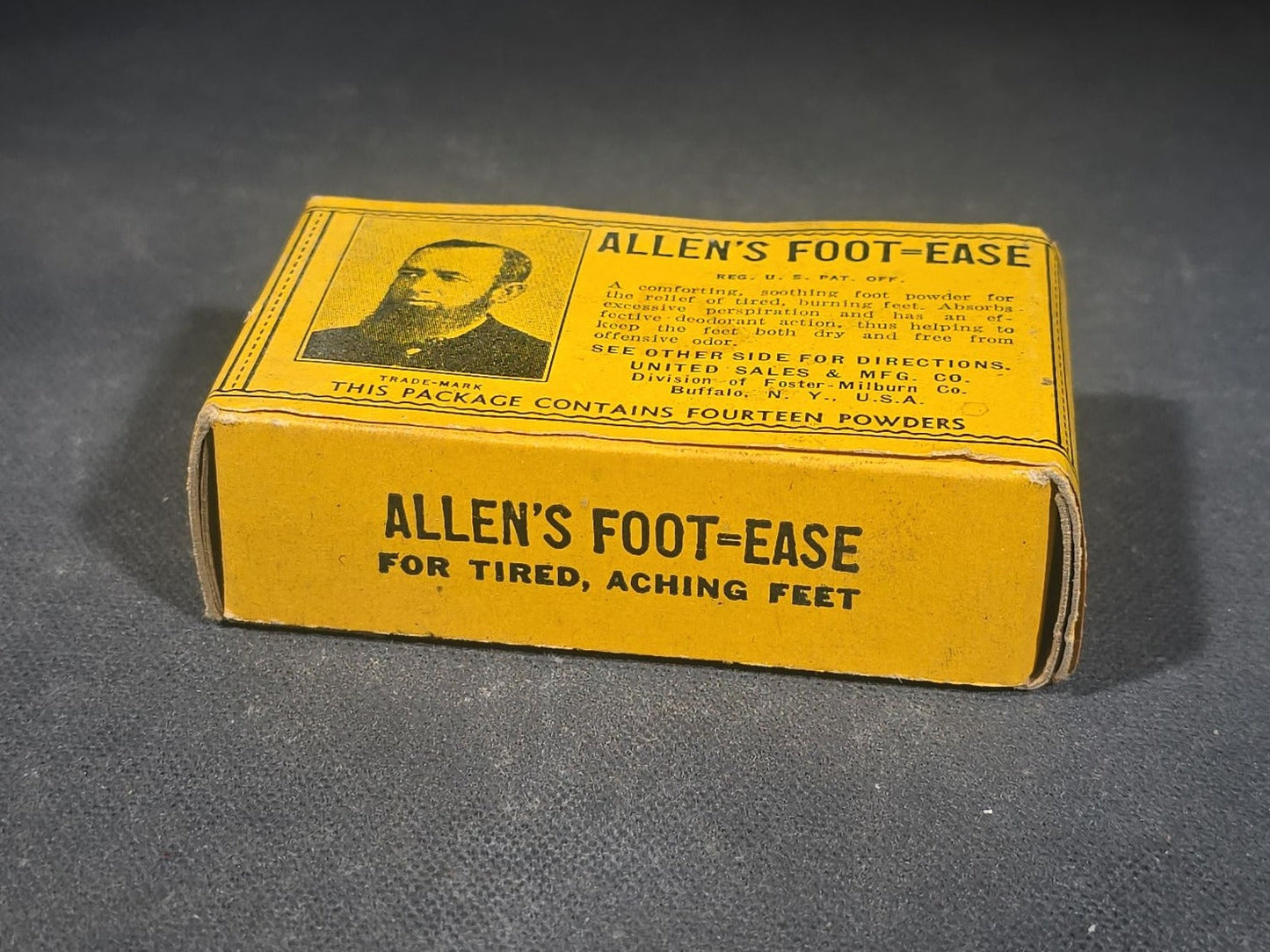 Antique Allen's Foot-Ease Foot Powder Advertising Box with Portrait of Allen Olmsted, N.O.S. with Contents, United Sales & Mfg. Co., Division of Foster-Milburn Co., Buffalo, New York