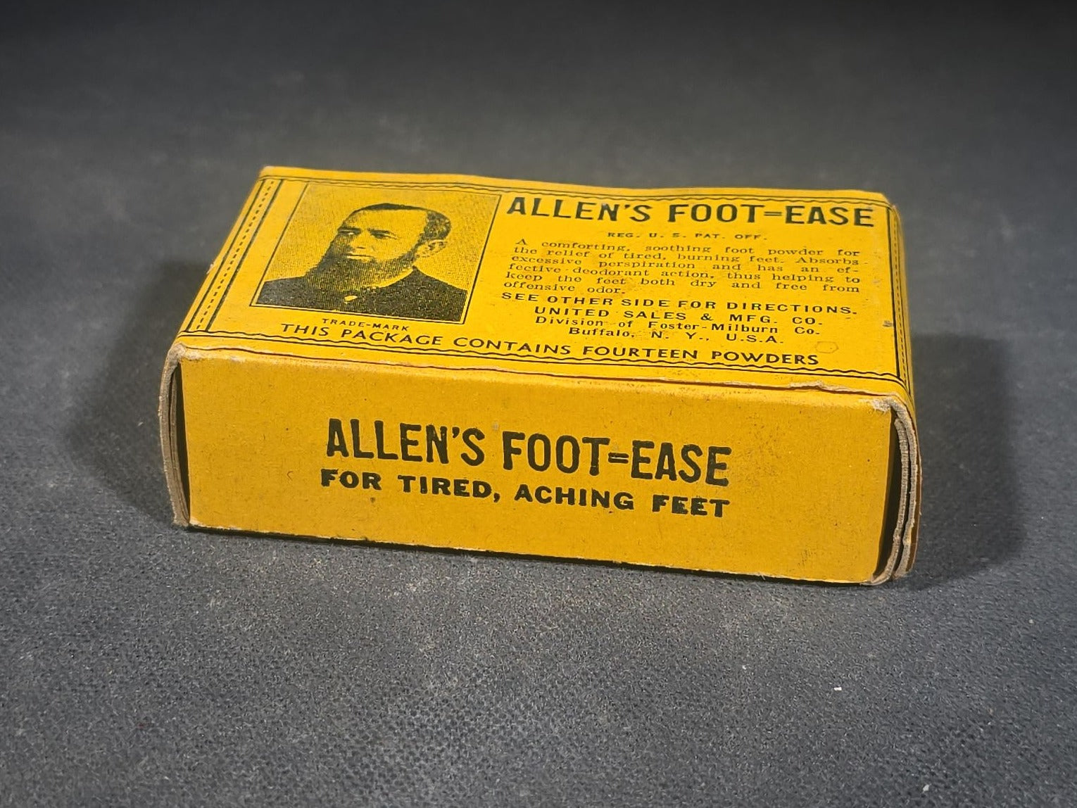 Antique Allen's Foot-Ease Foot Powder Advertising Box with Portrait of Allen Olmsted, N.O.S. with Contents, United Sales & Mfg. Co., Division of Foster-Milburn Co., Buffalo, New York