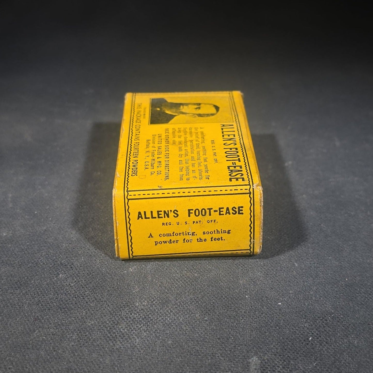 Antique Allen's Foot-Ease Foot Powder Advertising Box with Portrait of Allen Olmsted, N.O.S. with Contents, United Sales & Mfg. Co., Division of Foster-Milburn Co., Buffalo, New York