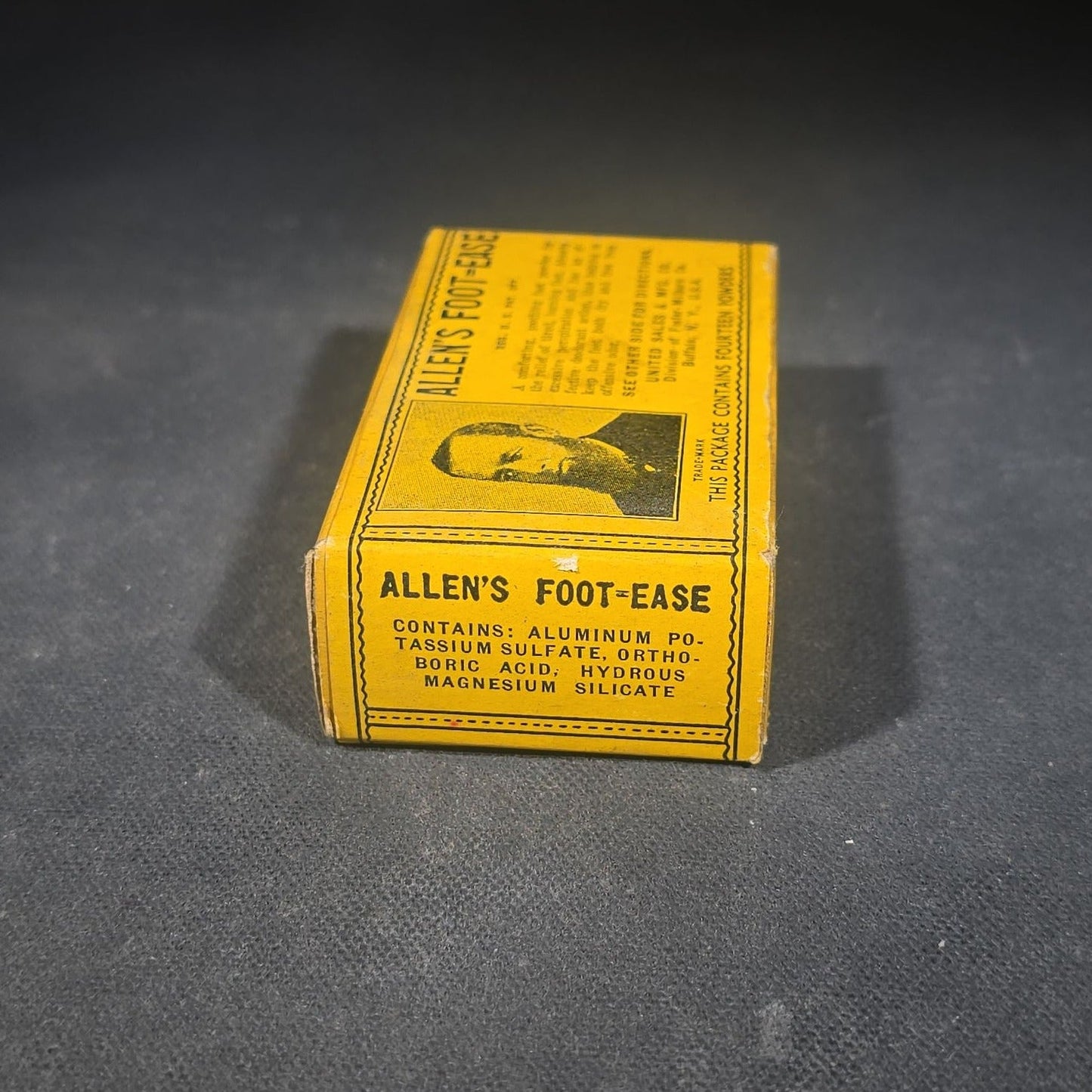 Antique Allen's Foot-Ease Foot Powder Advertising Box with Portrait of Allen Olmsted, N.O.S. with Contents, United Sales & Mfg. Co., Division of Foster-Milburn Co., Buffalo, New York