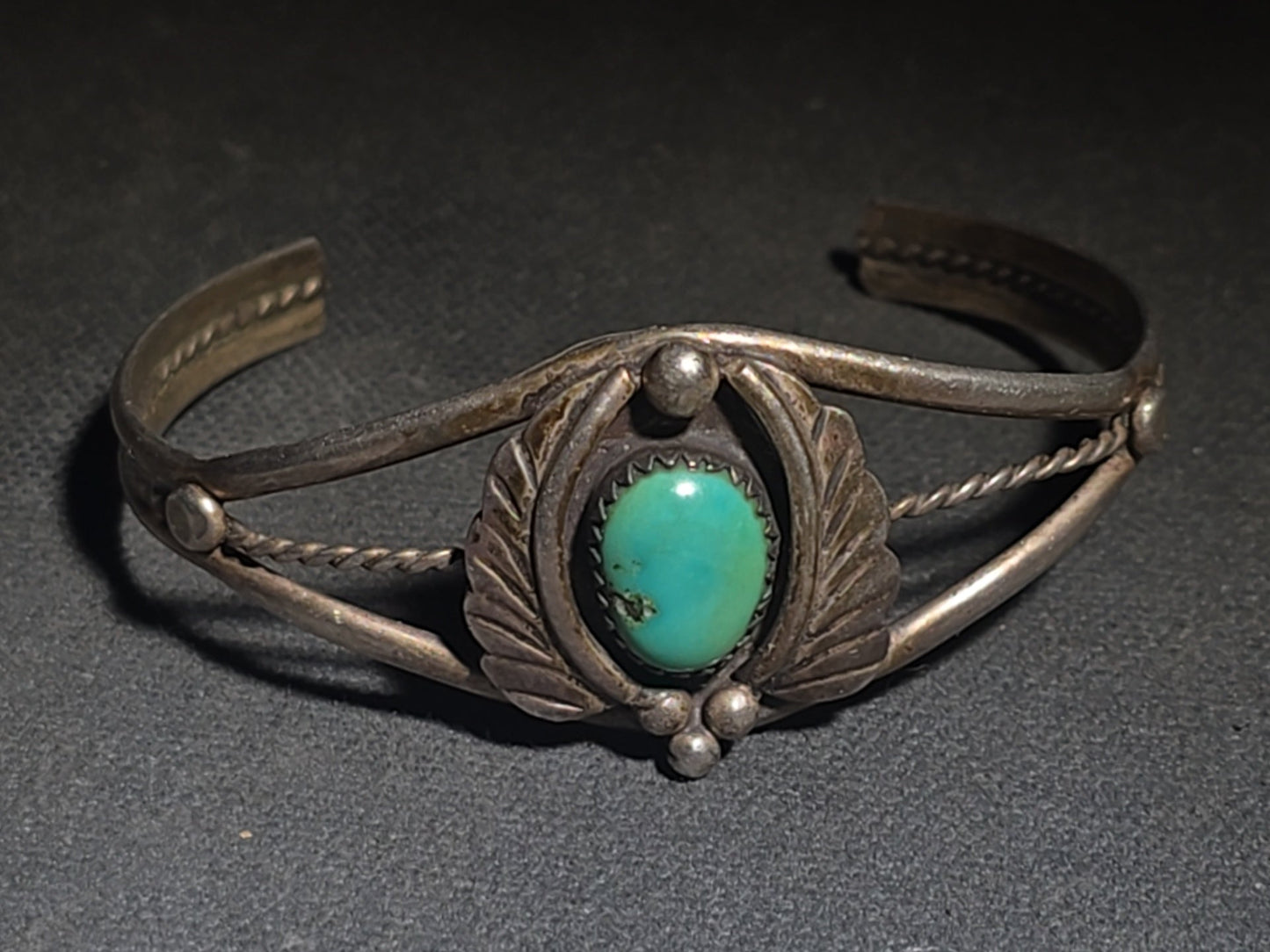 Vintage Native American Sterling Silver and Turquoise Cuff Bracelet with Feather Motif, Stamped "D"