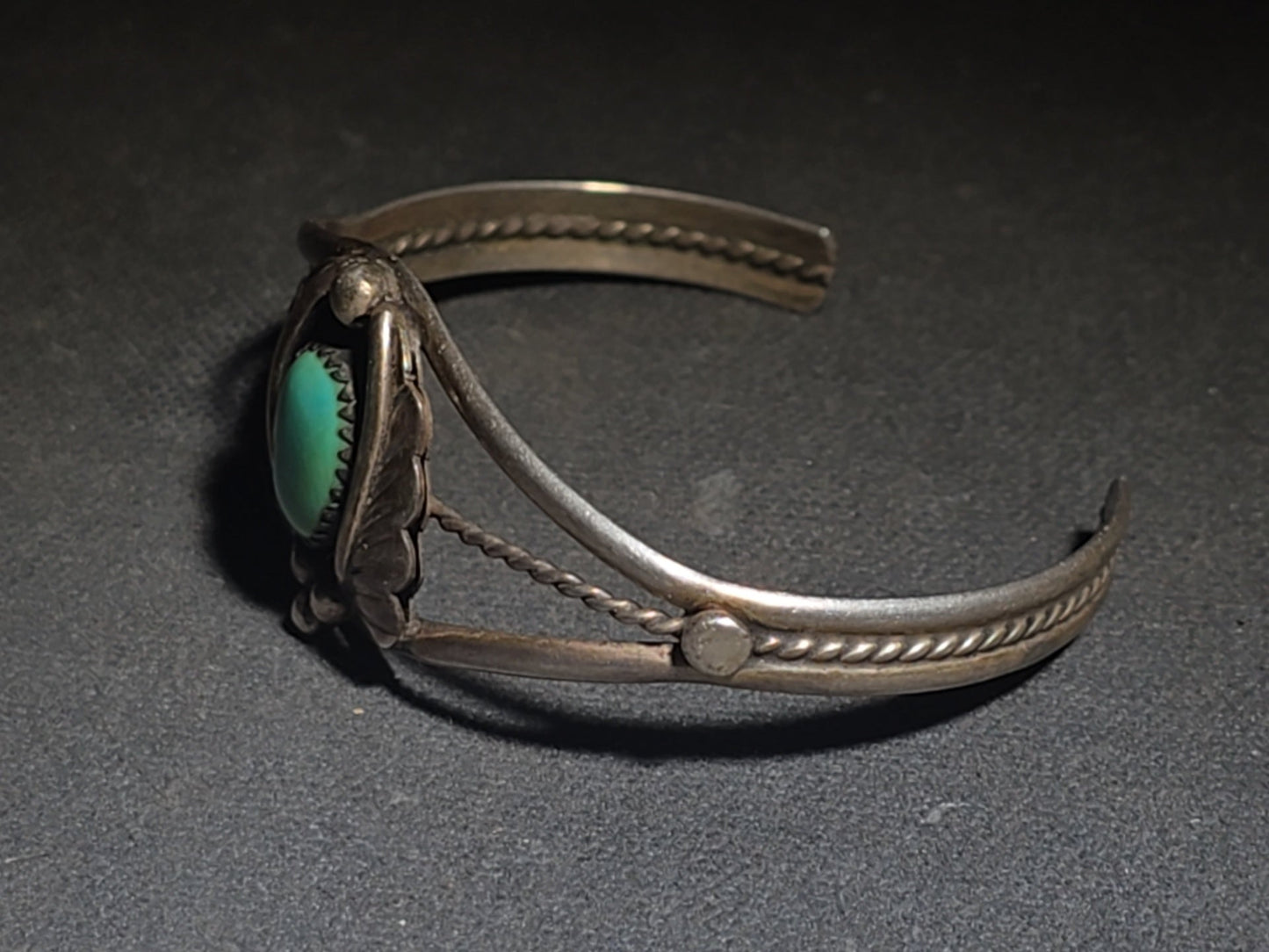 Vintage Native American Sterling Silver and Turquoise Cuff Bracelet with Feather Motif, Stamped "D"