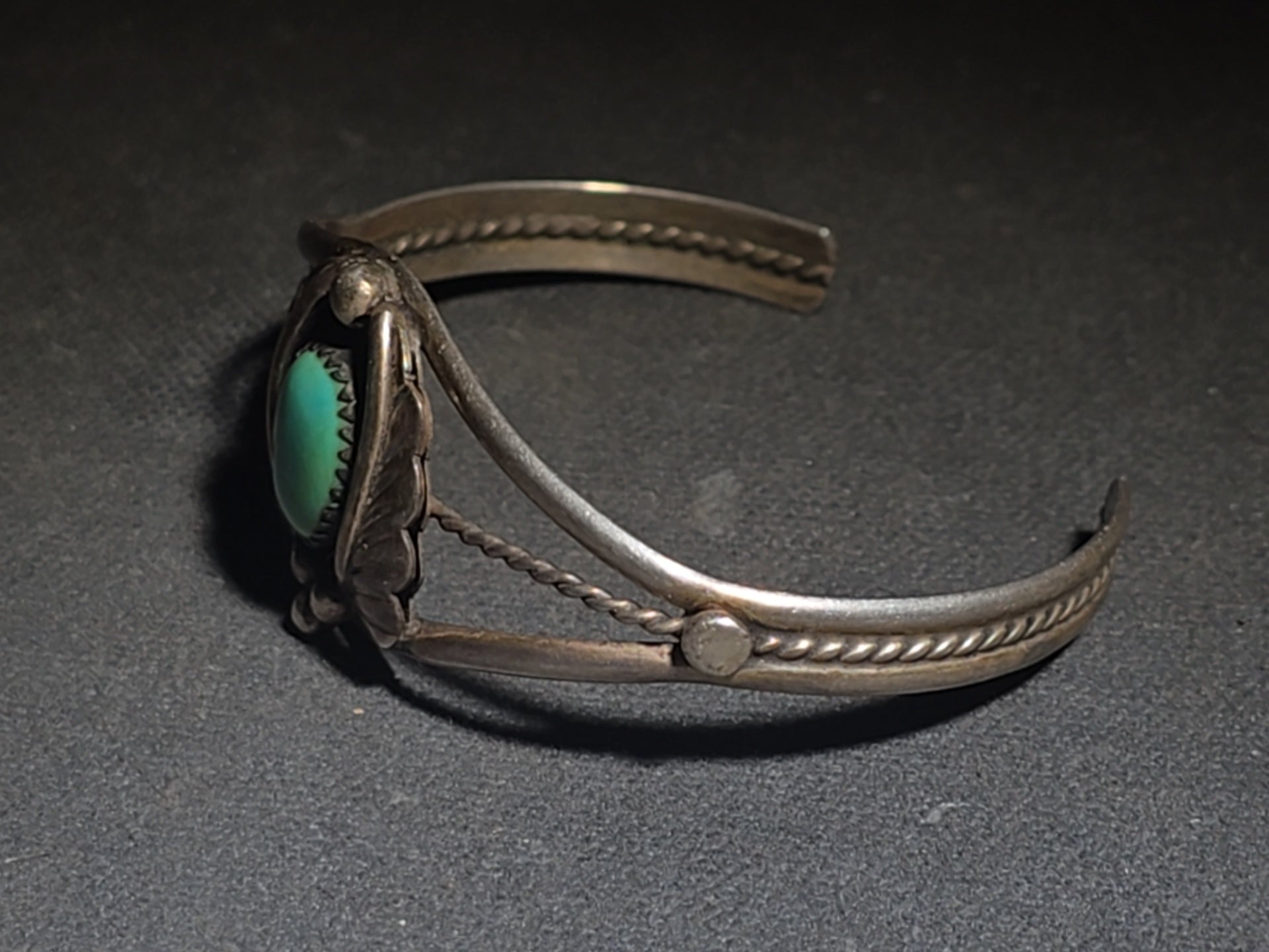 Vintage Native American Sterling Silver and Turquoise Cuff Bracelet with Feather Motif, Stamped "D"