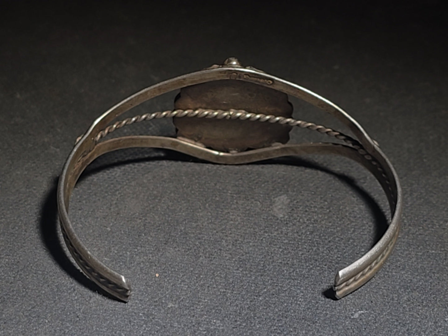 Vintage Native American Sterling Silver and Turquoise Cuff Bracelet with Feather Motif, Stamped "D"