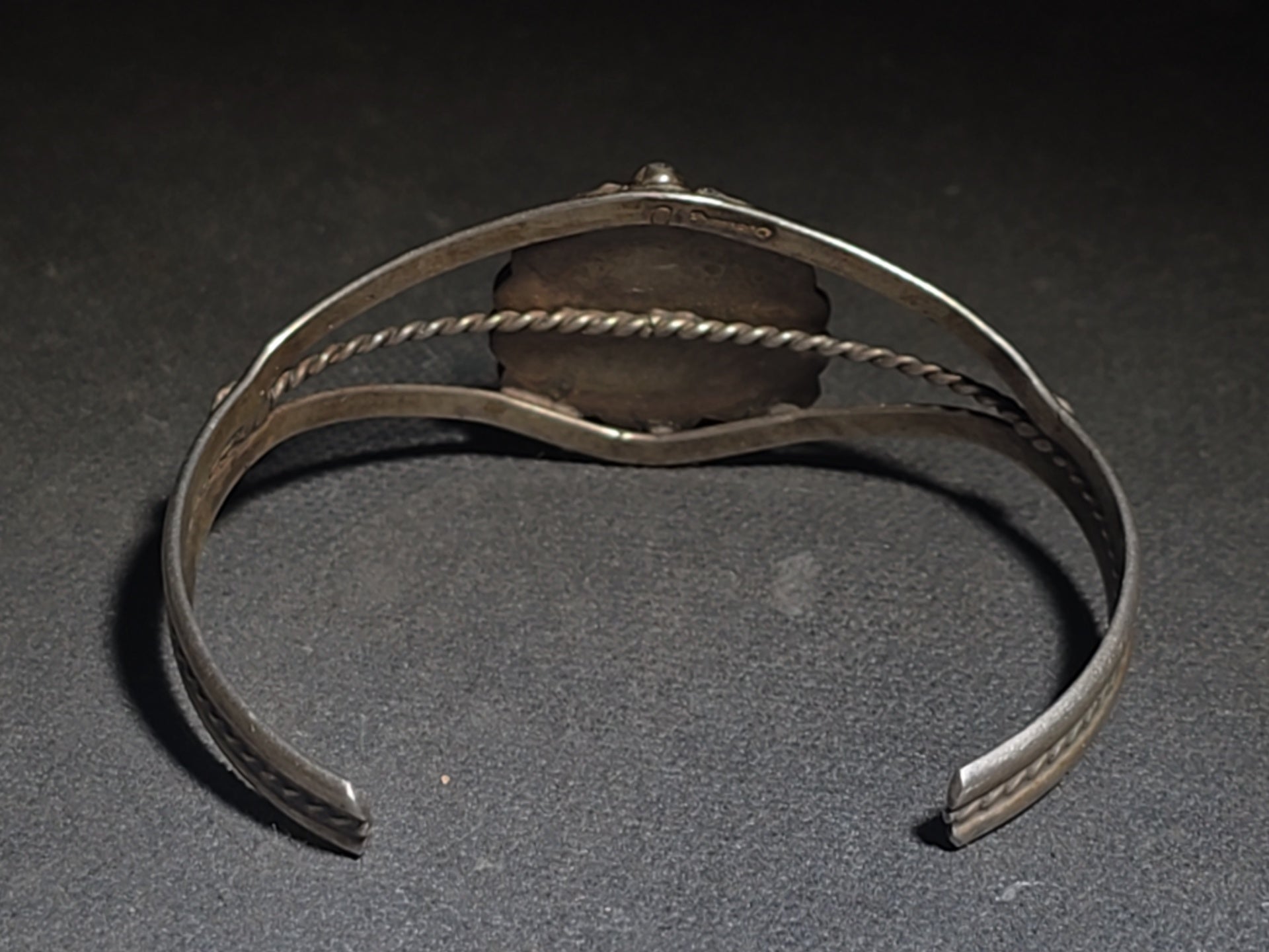 Vintage Native American Sterling Silver and Turquoise Cuff Bracelet with Feather Motif, Stamped "D"