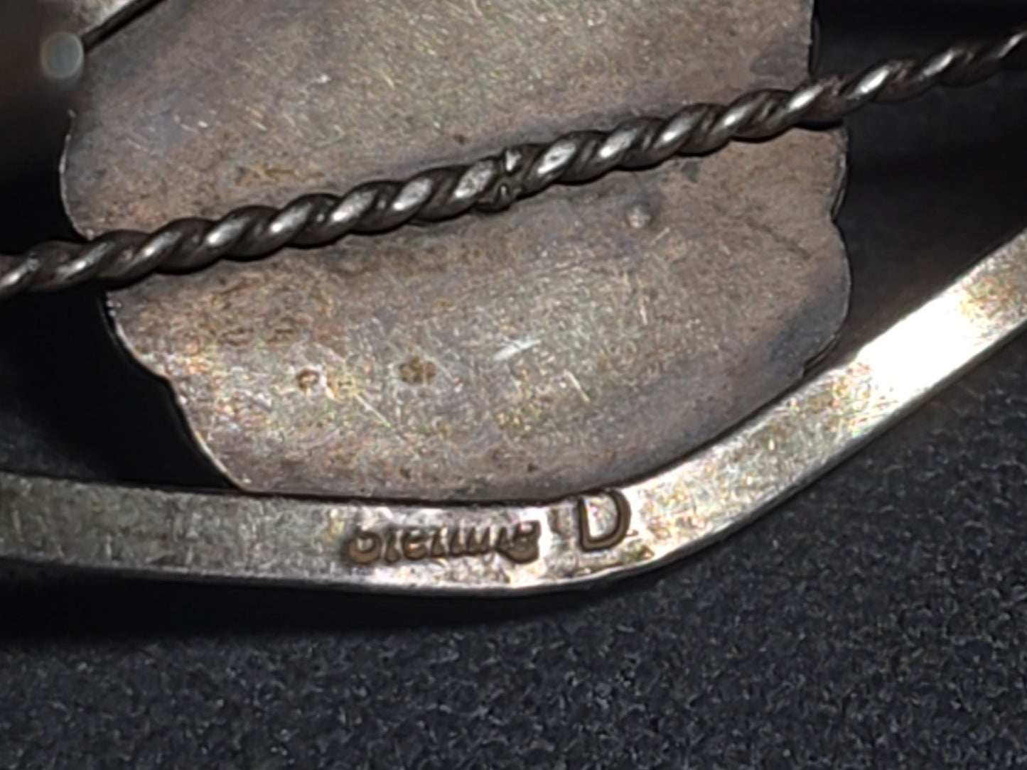 Vintage Native American Sterling Silver and Turquoise Cuff Bracelet with Feather Motif, Stamped "D"