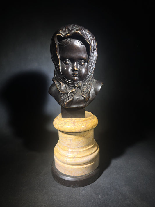 Vintage Bronze Bust of a Child in Hooded Shawl on Turned Marble Pedestal, Manufactured by Theodore Alexander, Hand Made in Vietnam, Item 1021-197