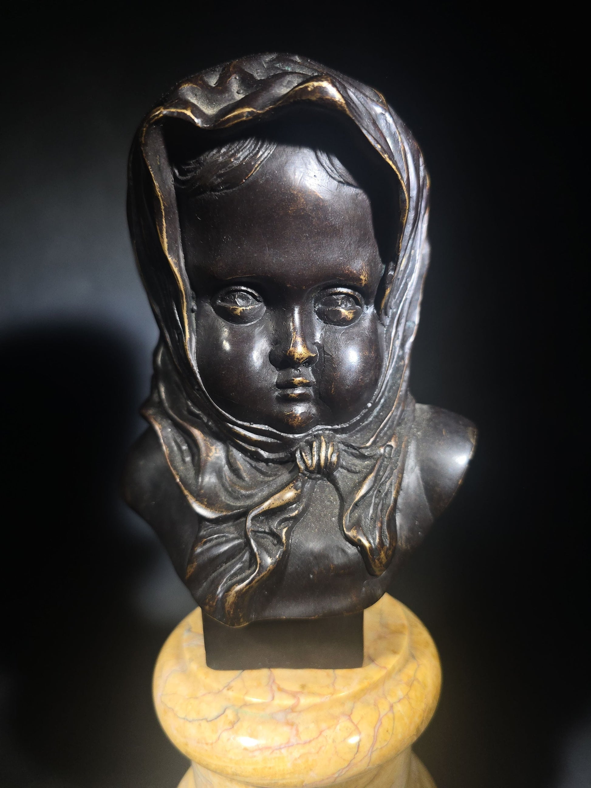 Vintage Bronze Bust of a Child in Hooded Shawl on Turned Marble Pedestal, Manufactured by Theodore Alexander, Hand Made in Vietnam, Item 1021-197