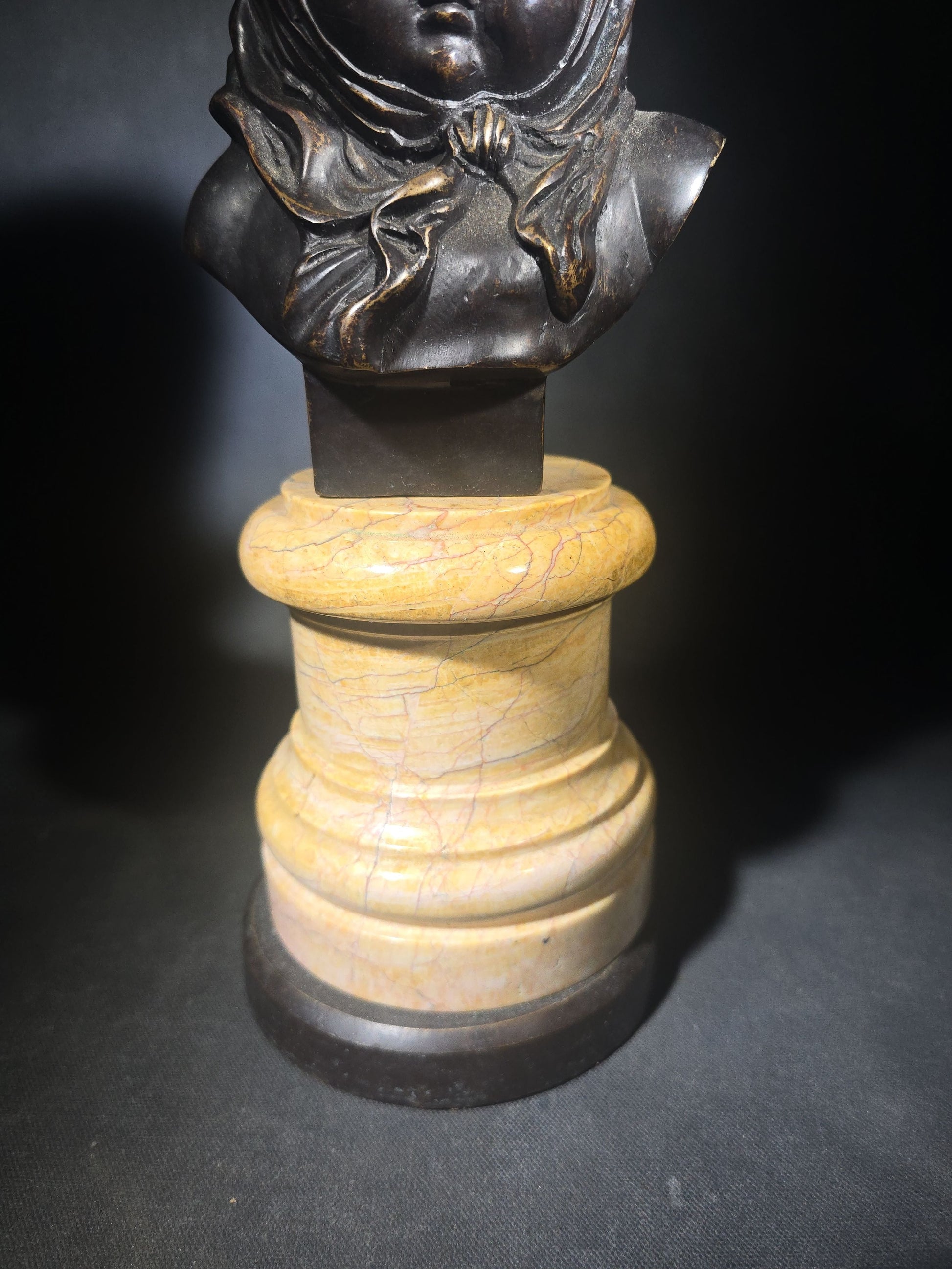 Vintage Bronze Bust of a Child in Hooded Shawl on Turned Marble Pedestal, Manufactured by Theodore Alexander, Hand Made in Vietnam, Item 1021-197