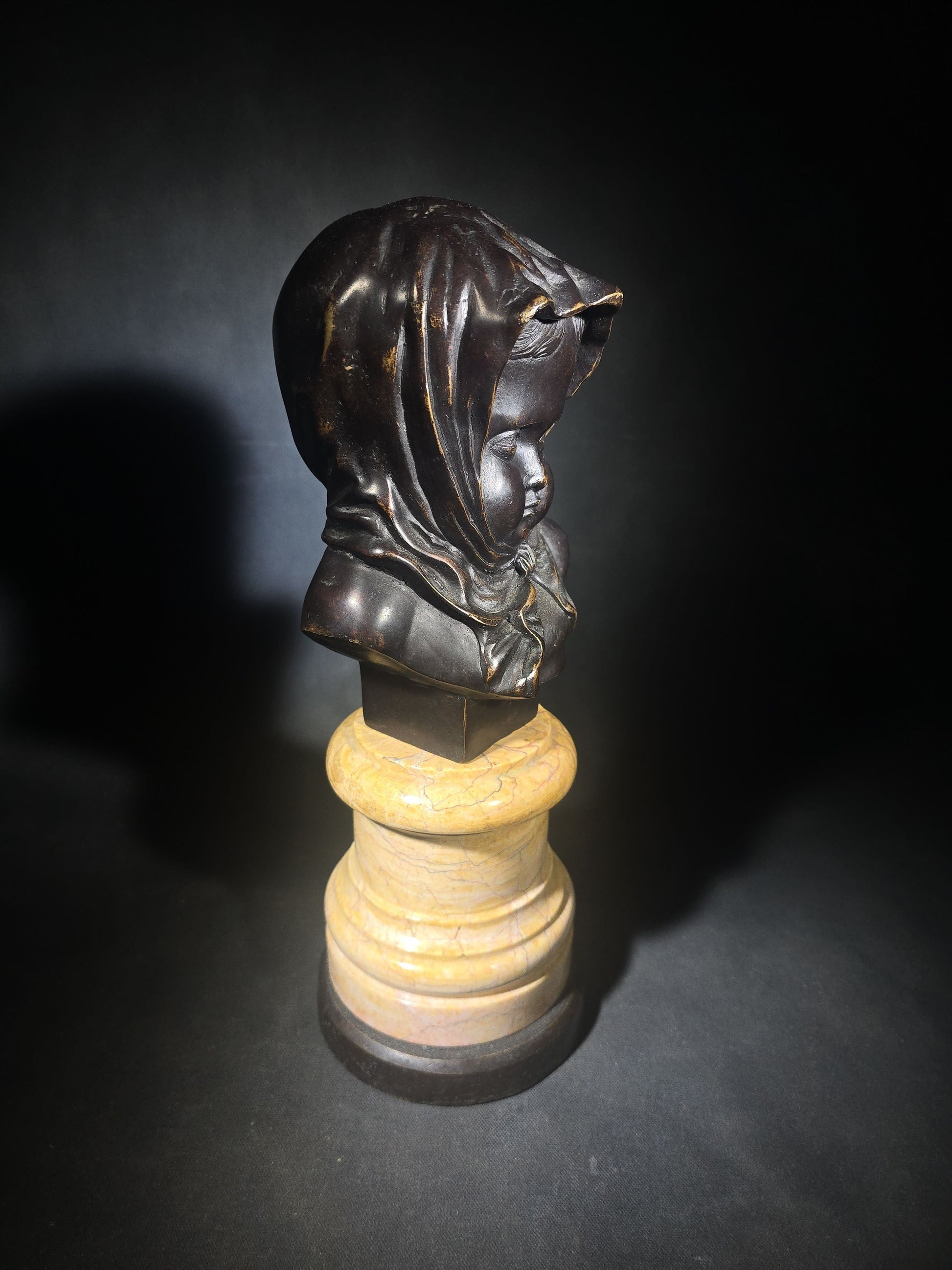 Vintage Bronze Bust of a Child in Hooded Shawl on Turned Marble Pedestal, Manufactured by Theodore Alexander, Hand Made in Vietnam, Item 1021-197