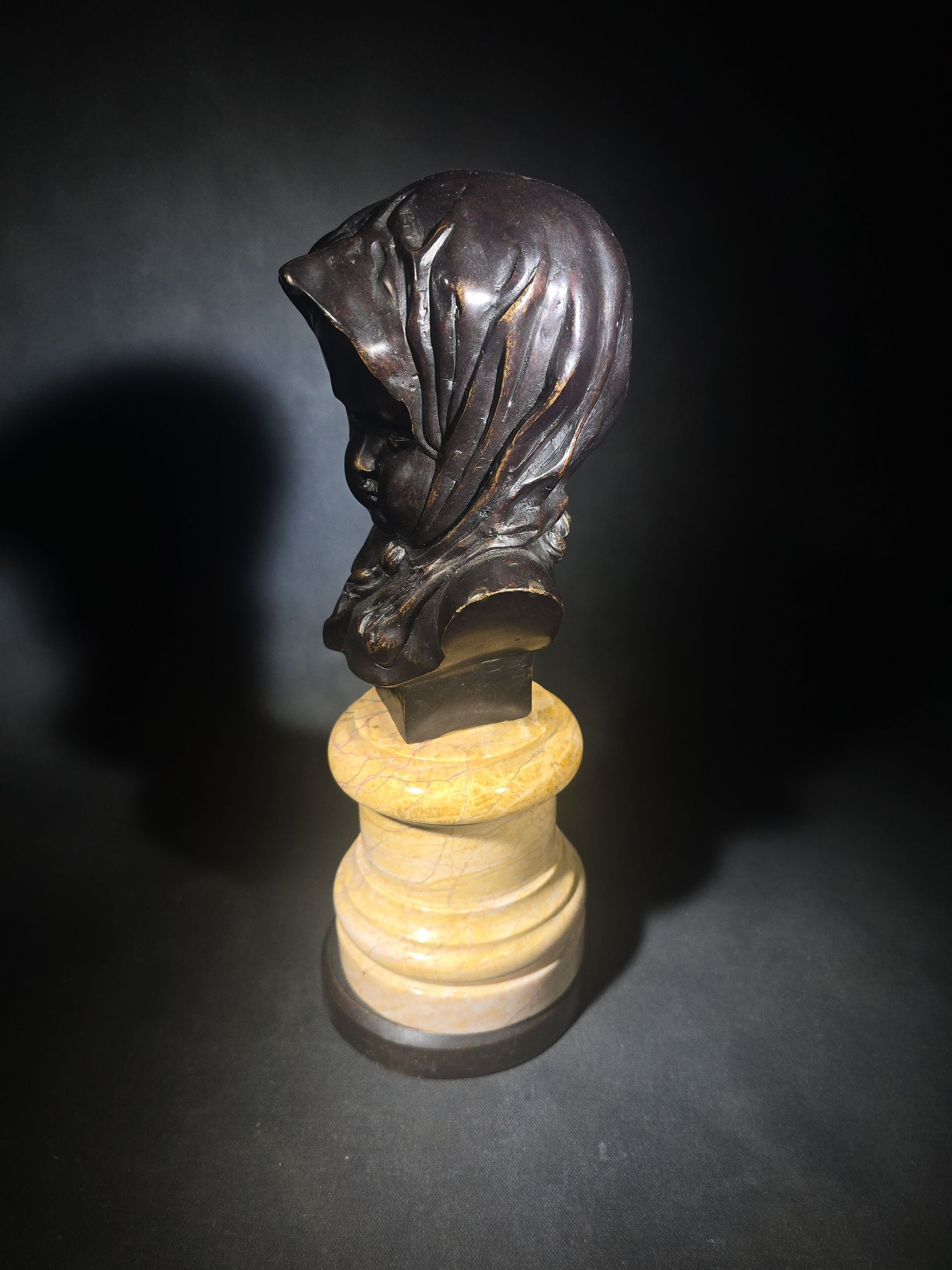 Vintage Bronze Bust of a Child in Hooded Shawl on Turned Marble Pedestal, Manufactured by Theodore Alexander, Hand Made in Vietnam, Item 1021-197