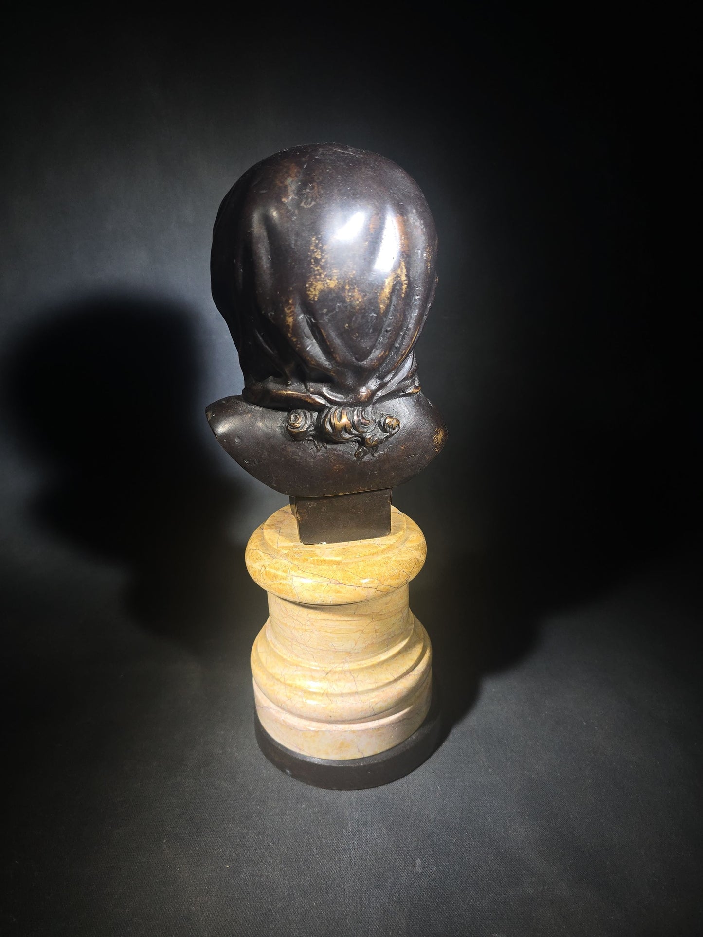 Vintage Bronze Bust of a Child in Hooded Shawl on Turned Marble Pedestal, Manufactured by Theodore Alexander, Hand Made in Vietnam, Item 1021-197