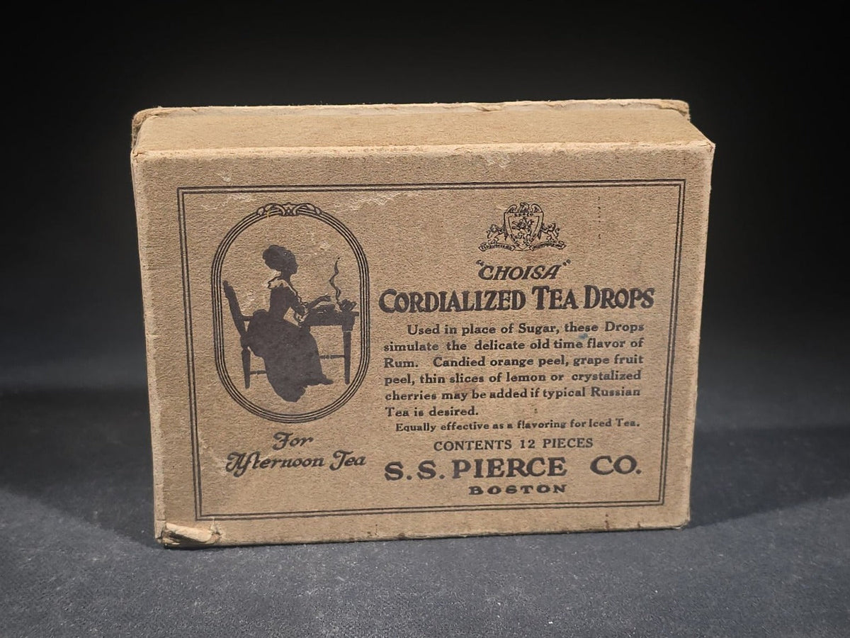 Antique "Choisa" Cordialized Tea Drops Advertising Box with Silhouette Tea Scene Graphic, S.S. Pierce Co., Boston, Massachusetts