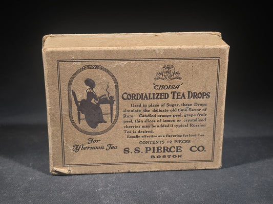 Antique "Choisa" Cordialized Tea Drops Advertising Box with Silhouette Tea Scene Graphic, S.S. Pierce Co., Boston, Massachusetts