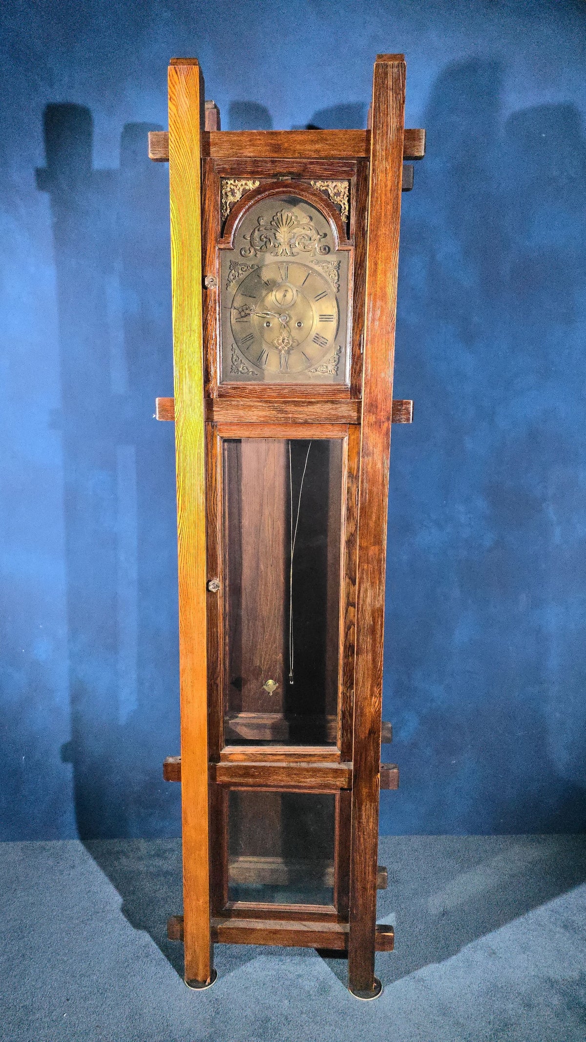 Antique Arts and Crafts Oak Tall Case Clock with Brass Dial