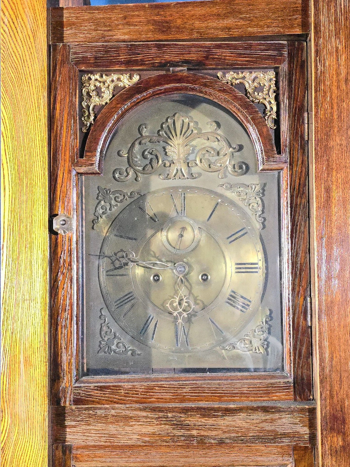 Antique Arts and Crafts Oak Tall Case Clock with Brass Dial