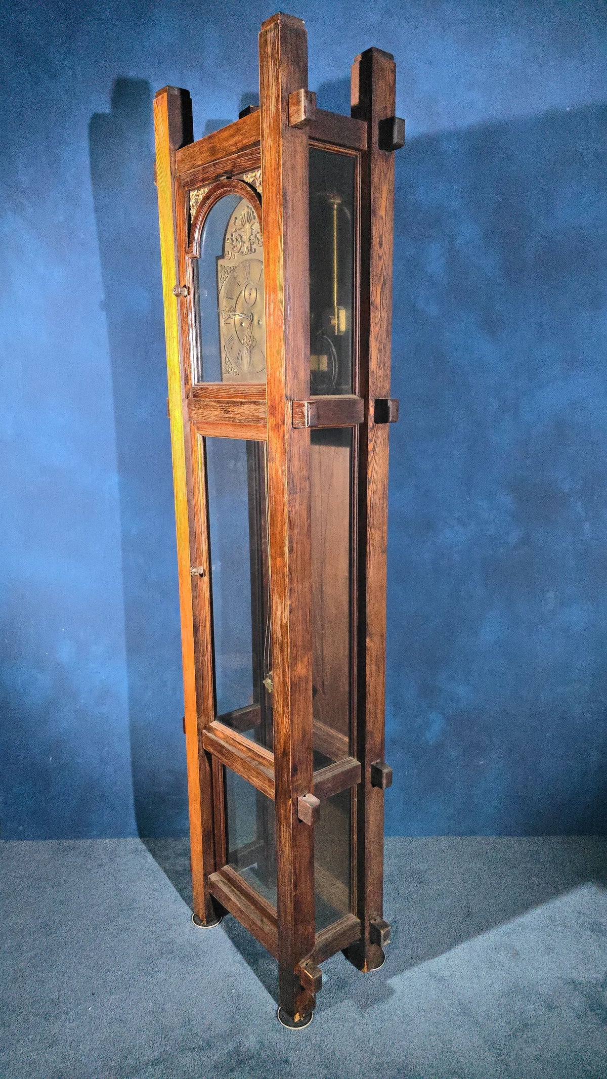 Antique Arts and Crafts Oak Tall Case Clock with Brass Dial