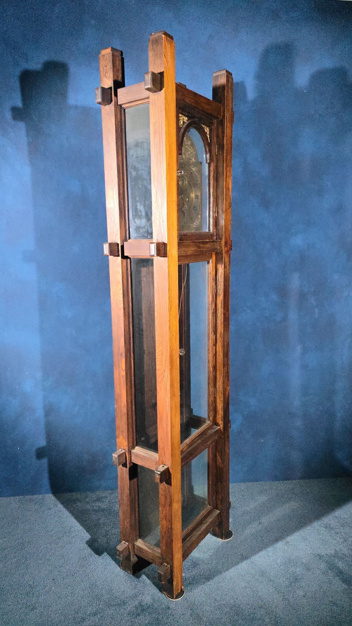 Antique Arts and Crafts Oak Tall Case Clock with Brass Dial