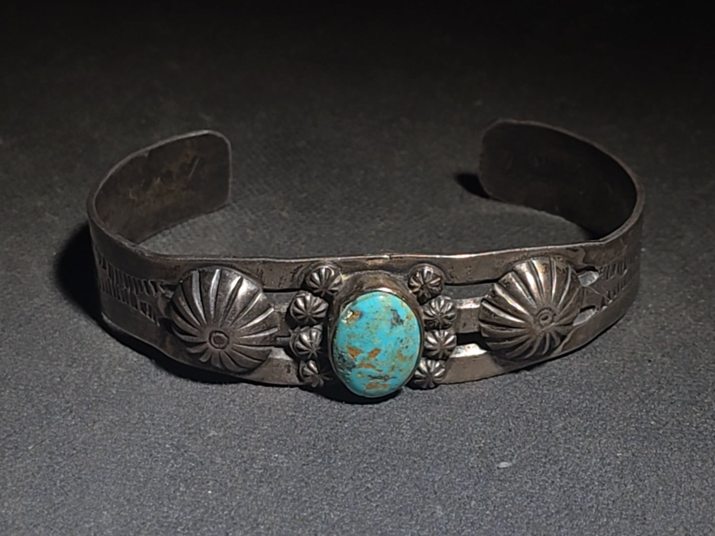 Vintage Native American Sterling Silver and Turquoise Cuff Bracelet with Stampwork and Applied Rosette Accents
