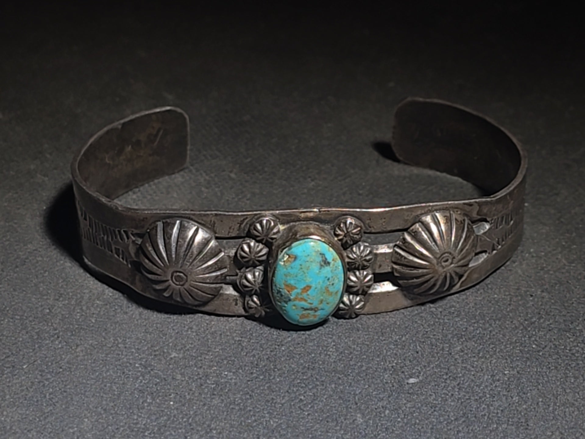 Vintage Native American Sterling Silver and Turquoise Cuff Bracelet with Stampwork and Applied Rosette Accents