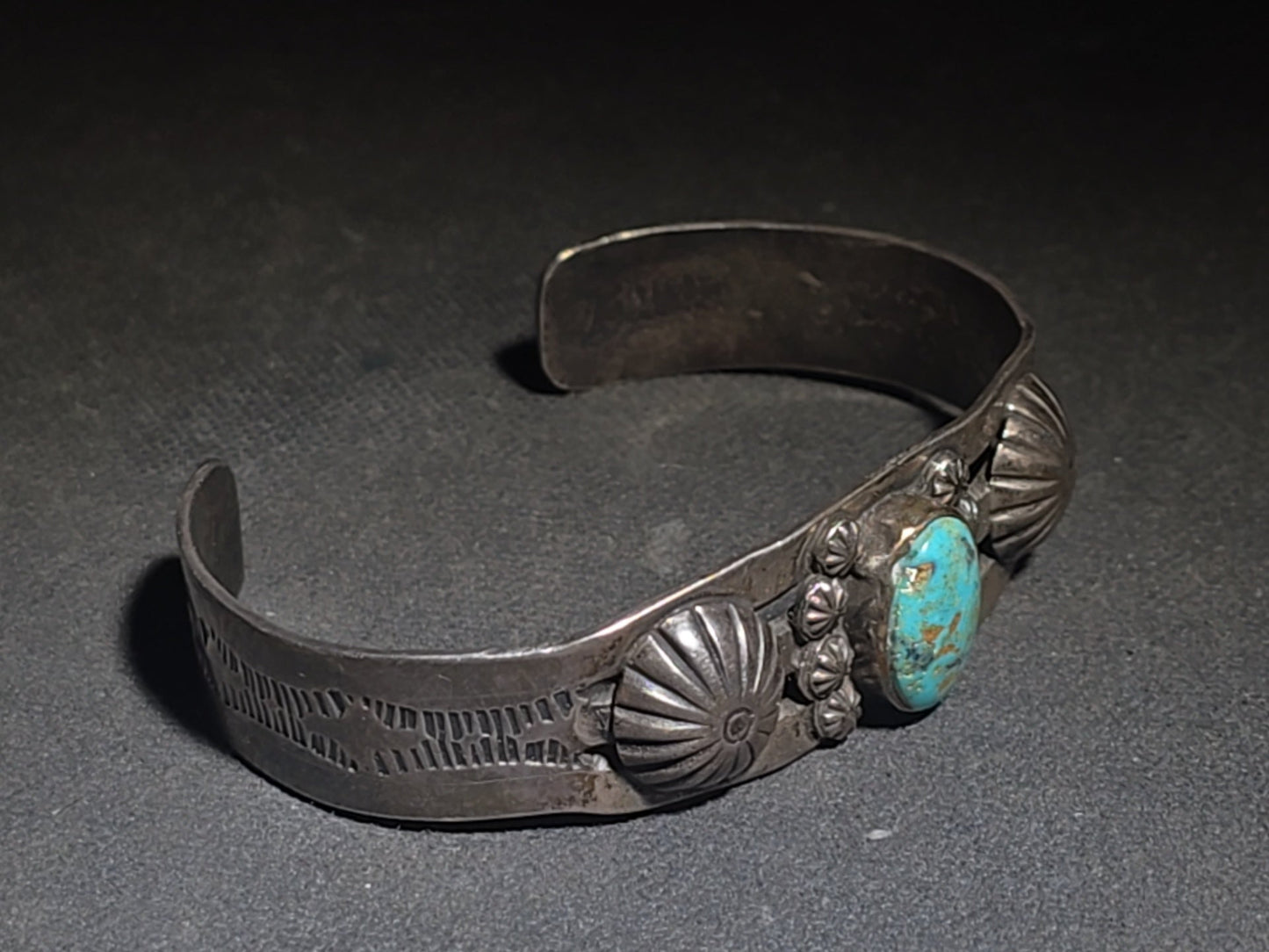 Vintage Native American Sterling Silver and Turquoise Cuff Bracelet with Stampwork and Applied Rosette Accents