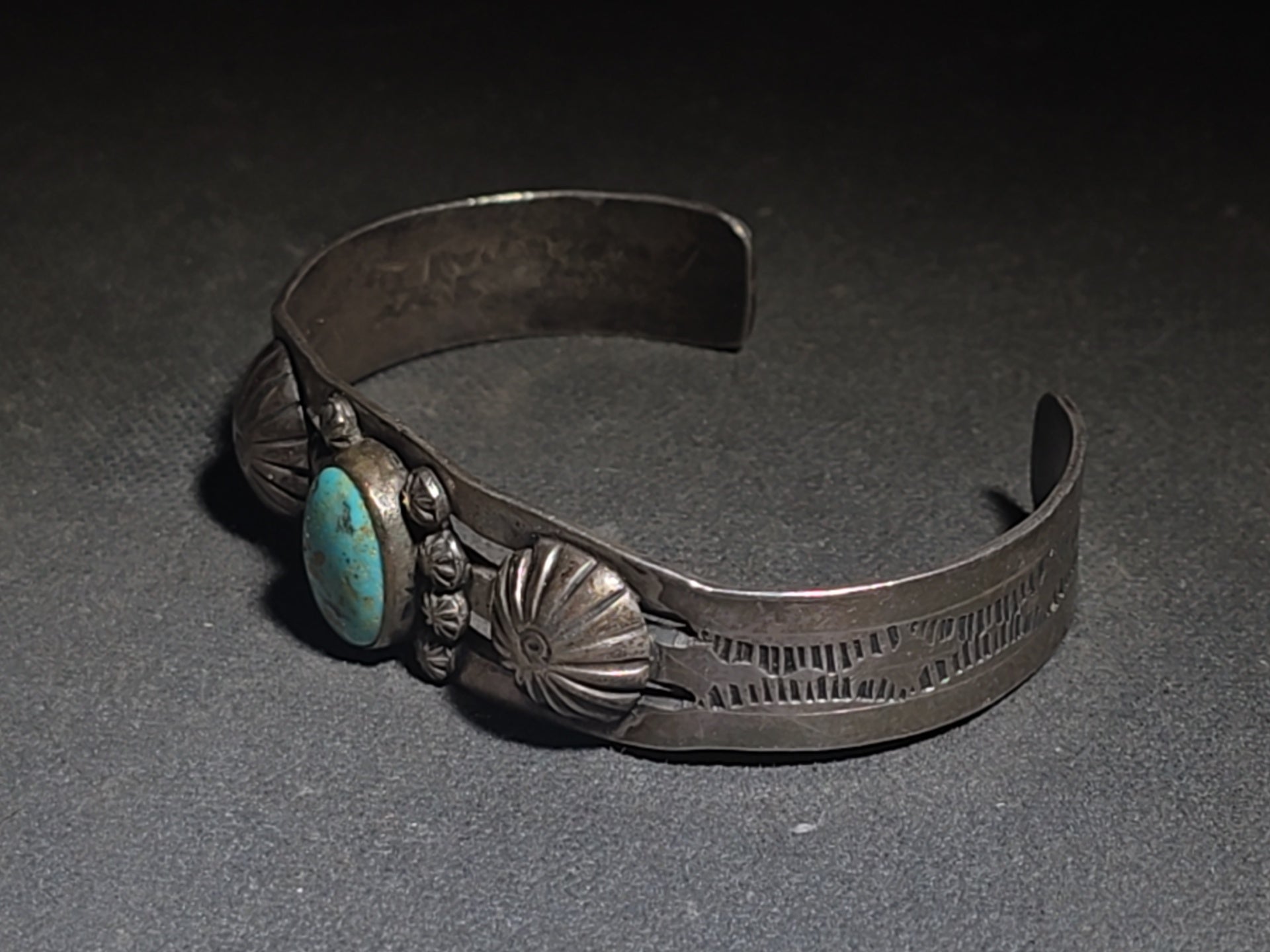 Vintage Native American Sterling Silver and Turquoise Cuff Bracelet with Stampwork and Applied Rosette Accents