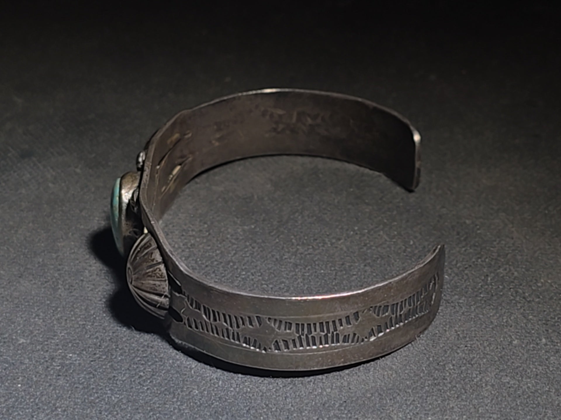 Vintage Native American Sterling Silver and Turquoise Cuff Bracelet with Stampwork and Applied Rosette Accents