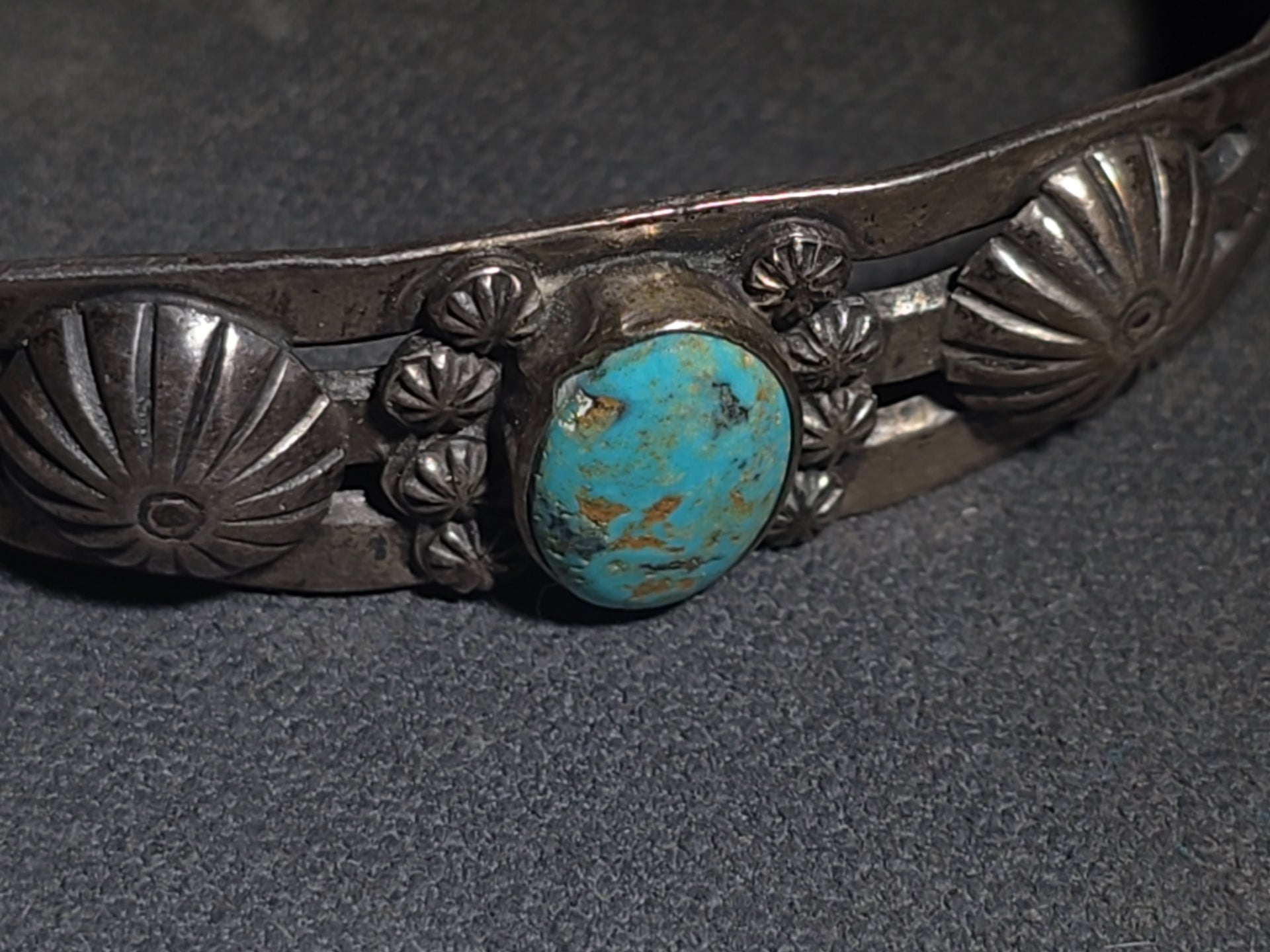 Vintage Native American Sterling Silver and Turquoise Cuff Bracelet with Stampwork and Applied Rosette Accents