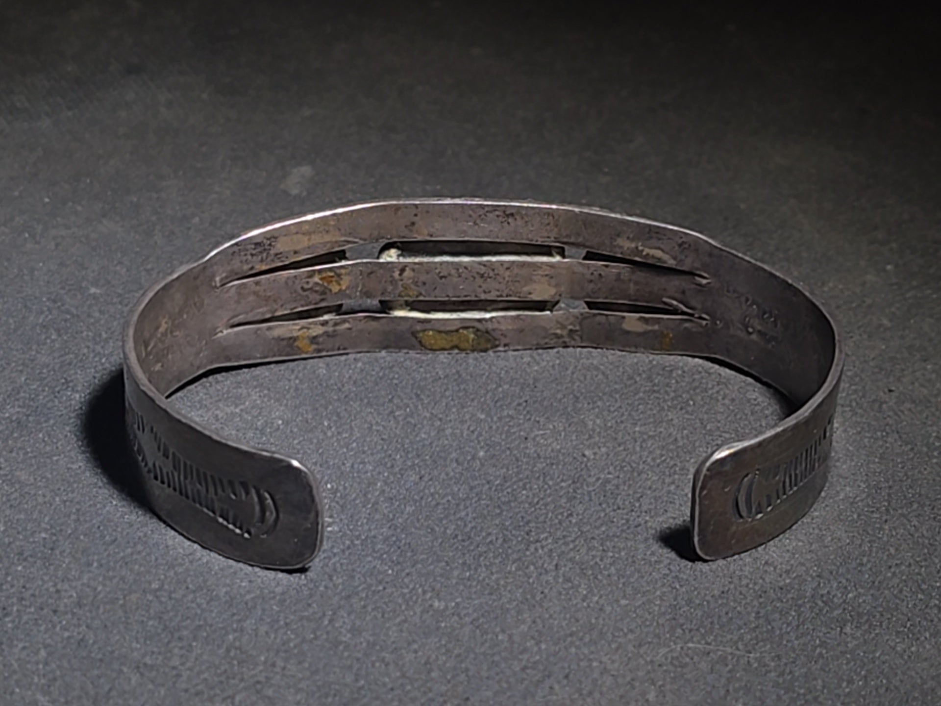 Vintage Native American Sterling Silver and Turquoise Cuff Bracelet with Stampwork and Applied Rosette Accents